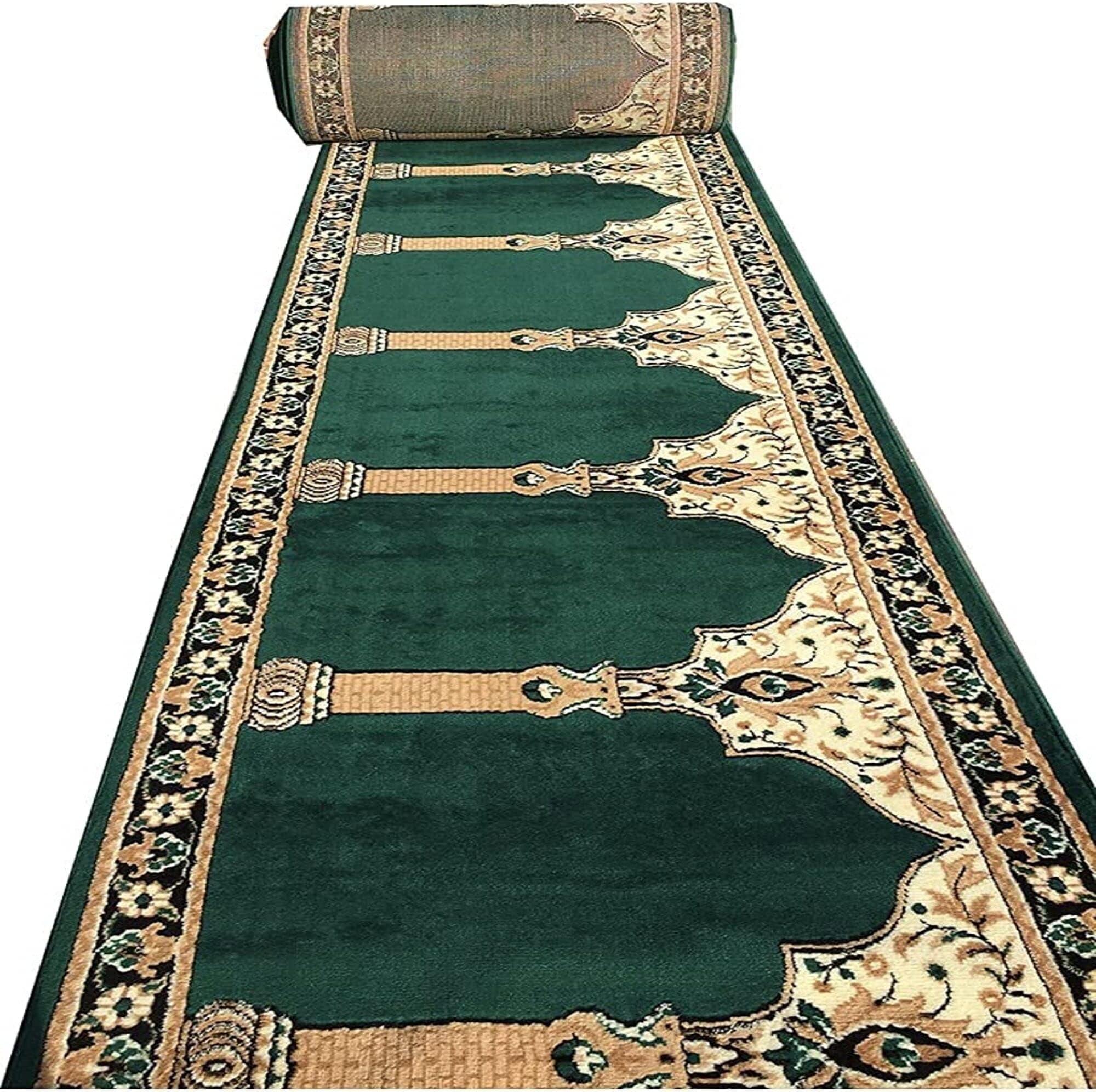 Washable Janamaz Prayer Carpet Rolls For Mosque(Masjid) And Hall Size 4X20 Feet Runner 0.5 Inch Thickness- (Dark Green Mehrab)