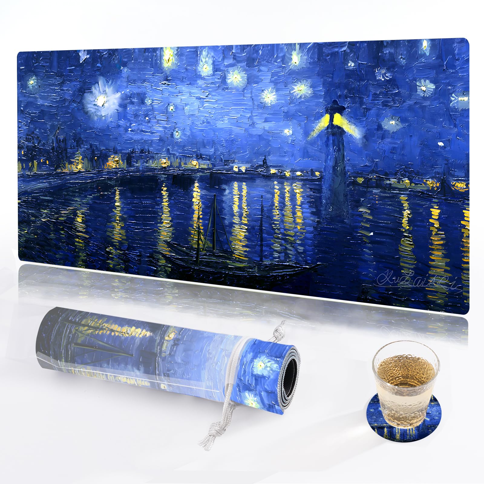 KuZaiALi Art Painting Mouse Pad (Bouns: Coaster+Bag) 31.5x11.8-inch 3mm Thick Large Extended Game Mouse Pad Anti Slip and Waterproof Keyboard Pad