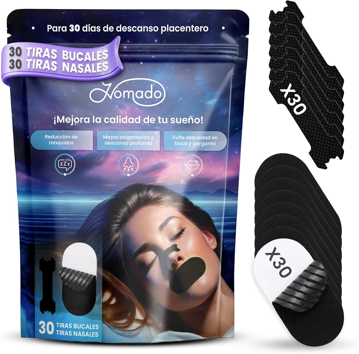 Pack antionquidos 60 Unidades (30 Tiras Nasales y 30 cintas bucales) - Mejora la Respiración y el Sueño - Hipoalergénicas - Adhesivo Suave y Duradero - Tiras Nasales Deportivas