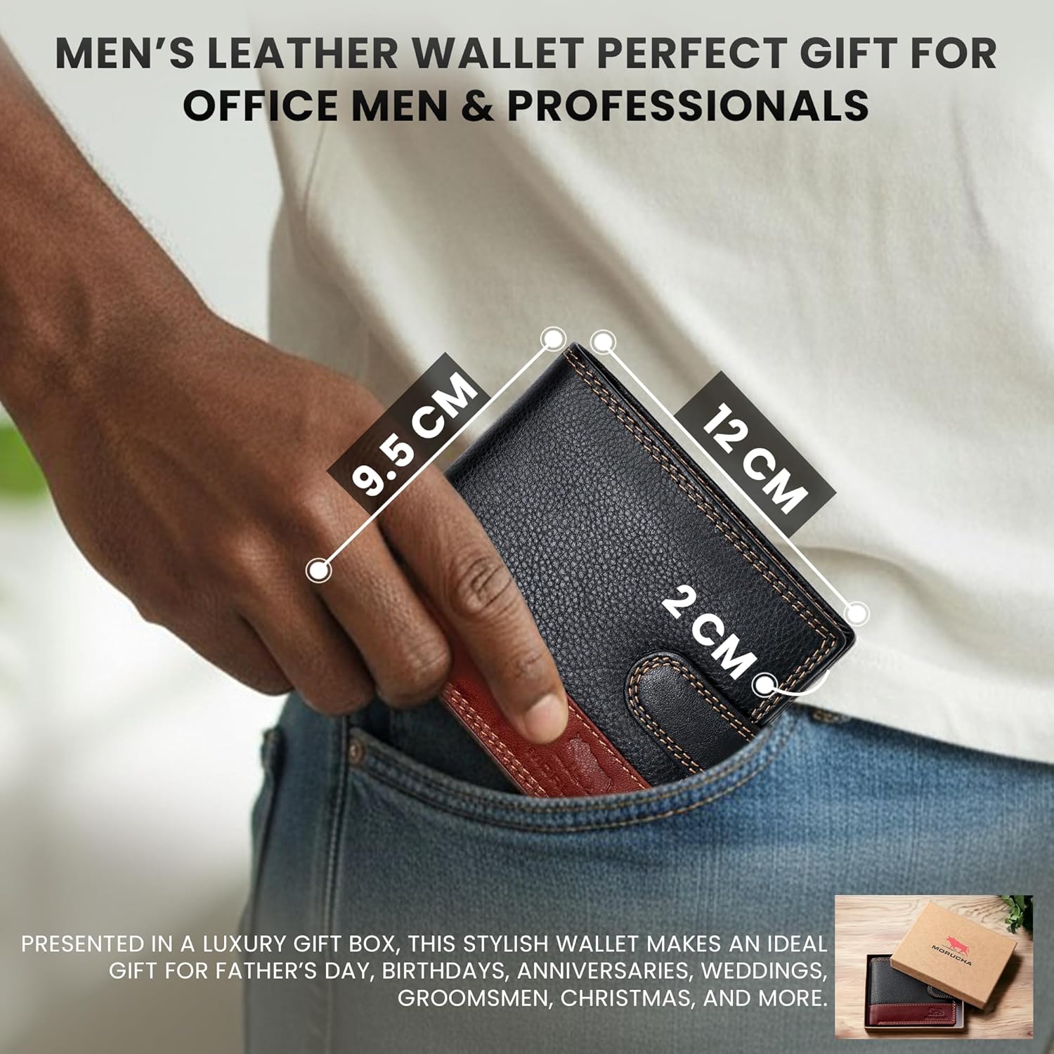 MORUCHA RFID Blocking Genuine Leather Wallet for Men – Slim Bifold Bull Leather Wallet with Coin Pocket, ID Window, 8 Card Slots – Premium Black/Brown Luxury Gift Box (Model #M75) - Image 6