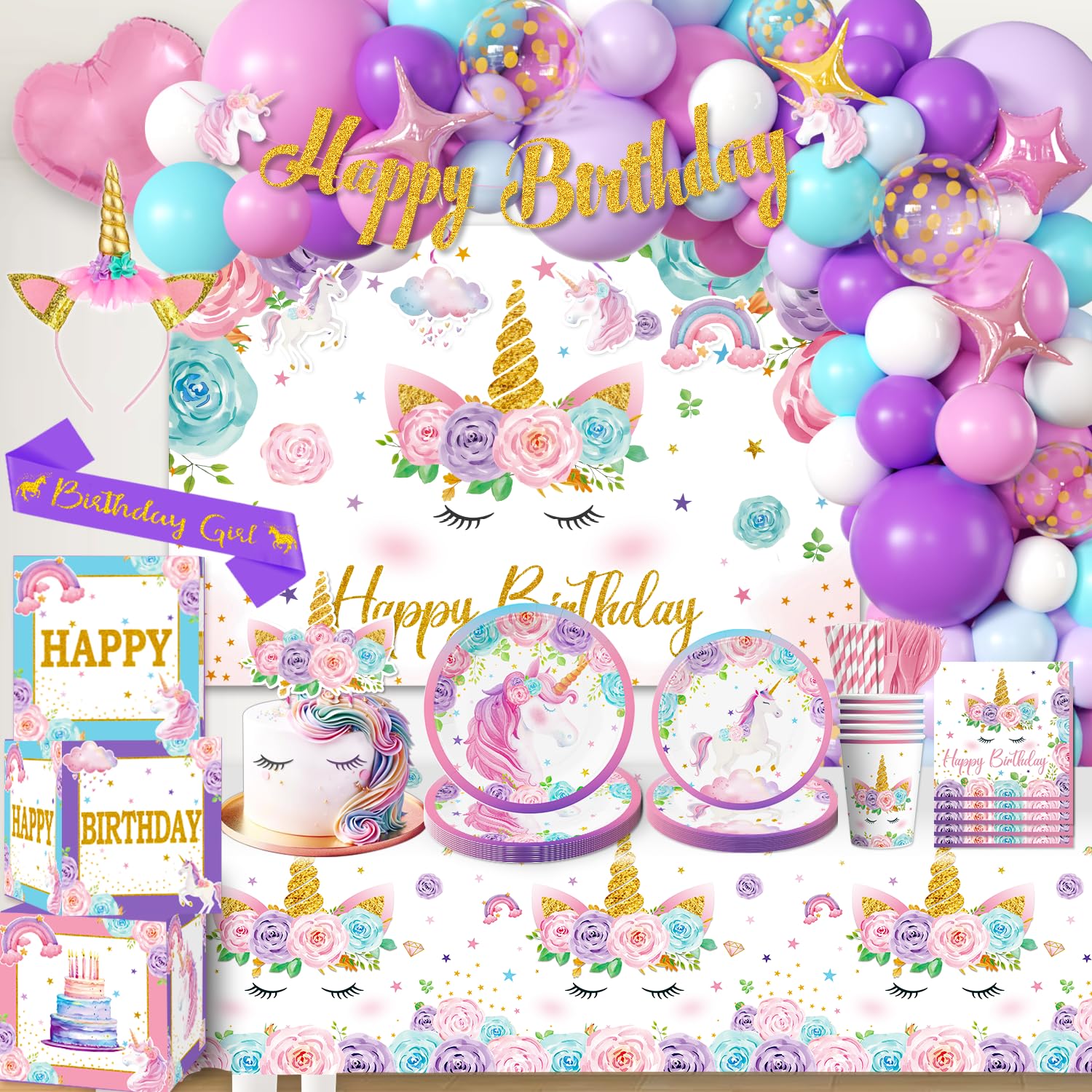 cocomigo 246PCS Unicorn Birthday Decorations Set, All-in-One Party Supplies Pack with 20 Plates, Purple Unicorn Party Supplies for Girl Birthday Party, Serves 20 Guests