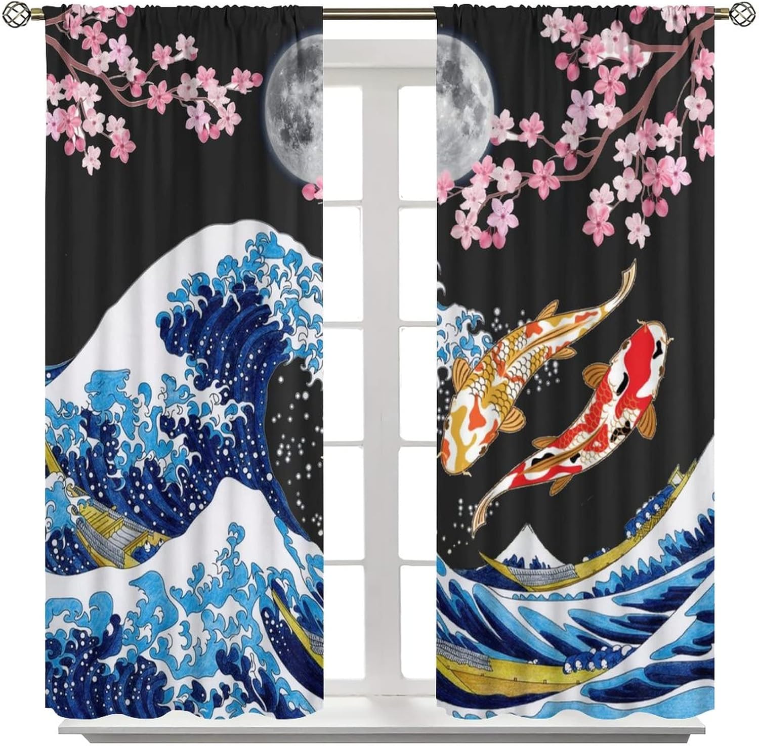 Retro Yin Yang Japan Blackout Curtains for Bedroom - Ancient Watercolor Japanese Great Wave Full Moon Window Treatment,Rod Pocket Room Darkening Curtains 2 Panels 63L x 31.5W