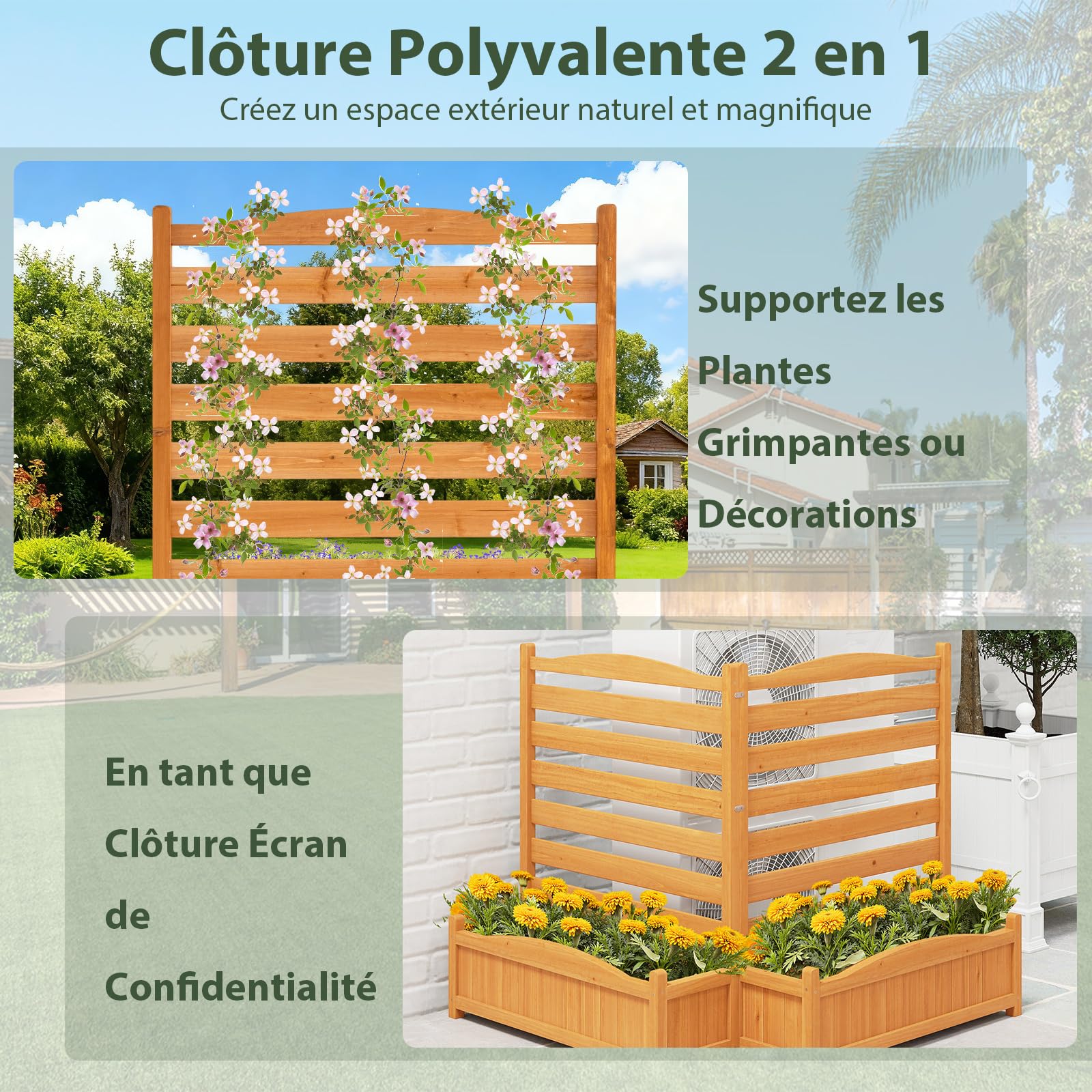 GOPLUS Jardinière Surélevée avec Bac à Fleurs en Bois, Clôture Décorative Brise Vue Jardin Pour Plantes Grimpantes avec Jardinières 85x28x101CM Autoportant avec Trous Drainage (2 Panneaux,Jaune)