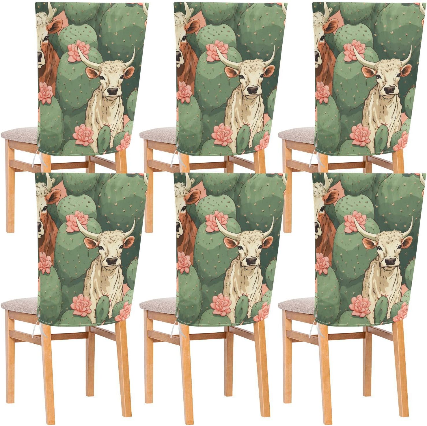ALAZA Cow Cactuses Chair Back Cover Set of 6, Washable Reusable Removable Chair Slipcovers Decorative Chair Cover for Home Kitchen Wedding Party
