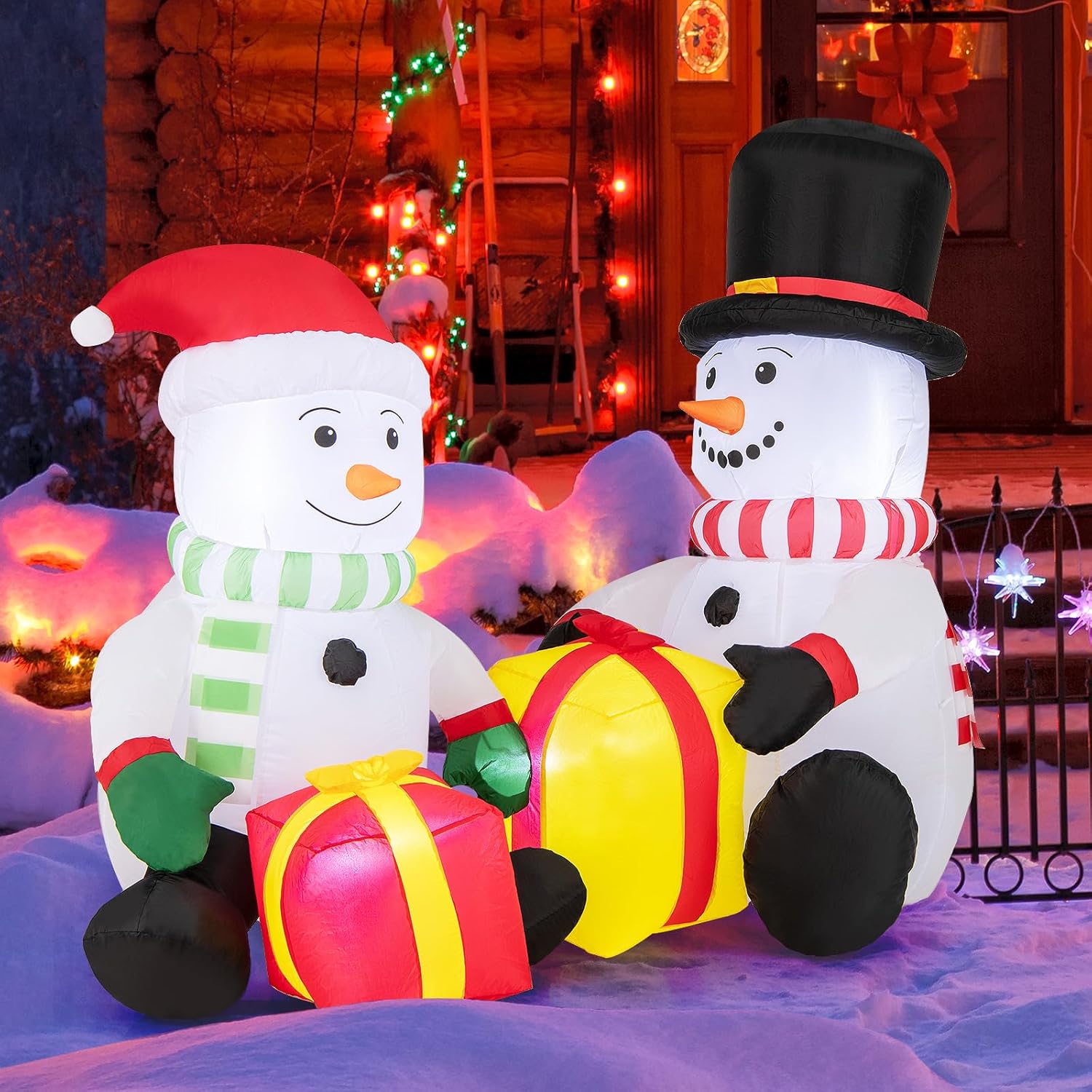 Goplus 5FT Christmas Inflatables, LED Lighted Xmas Double Inflatable Snowmen Holding Gift Boxes, Outdoor Indoor Cute Blow Up Christmas Decoration with Water Bags, Ground Stakes, for Party Yard Lawn