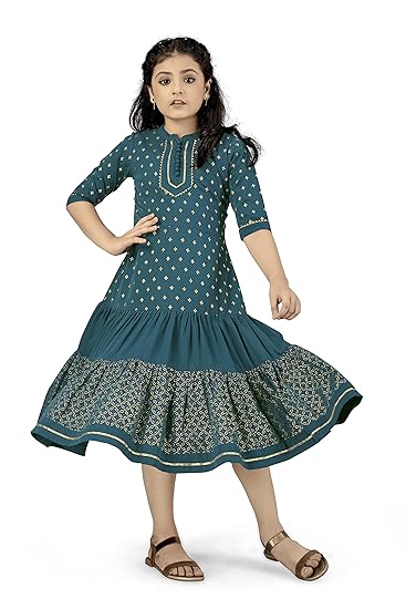 Fashion Dream Girls Knee Length Foil Printed Tiered Dress