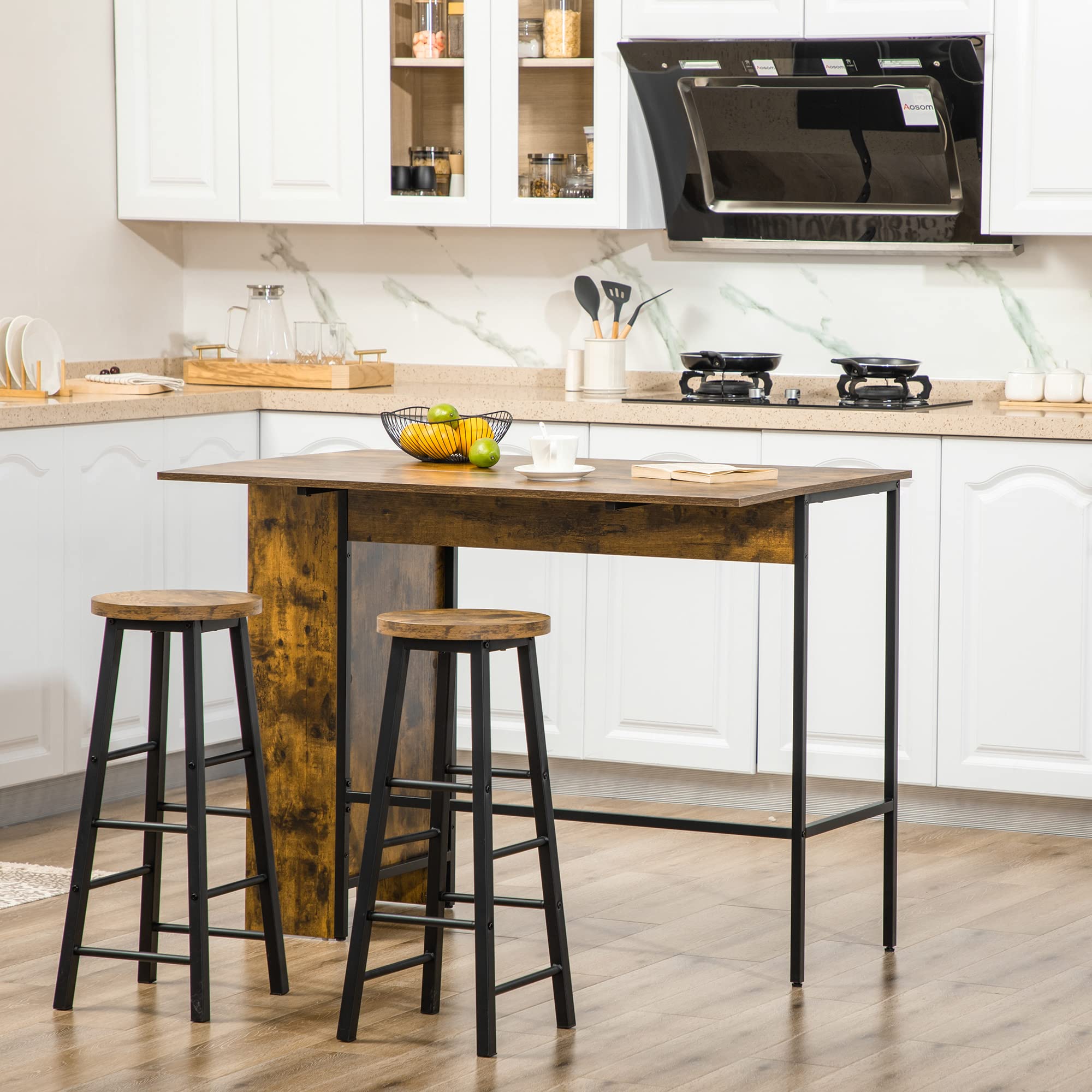 HOMCOM Table de Bar avec Rangement Table Bistrot Ilot Central Plateau latéral Rabattable et 3 étagères - 120 x 76 x 91,4 cm Brun Rustique