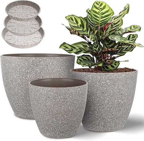 Vanavazon Juego de 3 macetas de 987 pulgadas para interiores y exteriores, modernas macetas decorativas con agujero de drenaje y bandeja (beige)