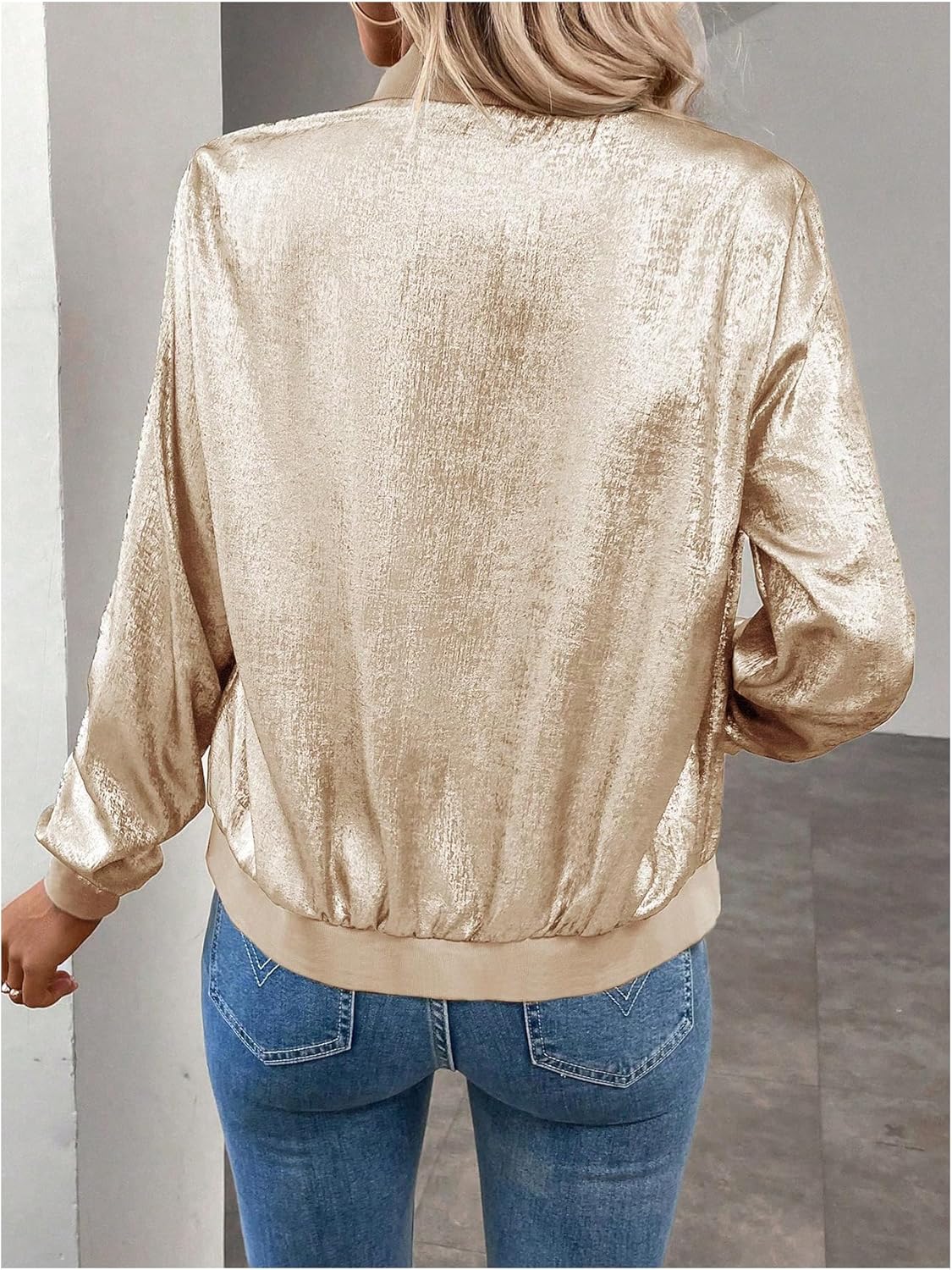 SHENHE Women's Metallic Bomber Jacket Lightweight Zip Up Long Sleeve Fashion Jacket Outwear - Image 2