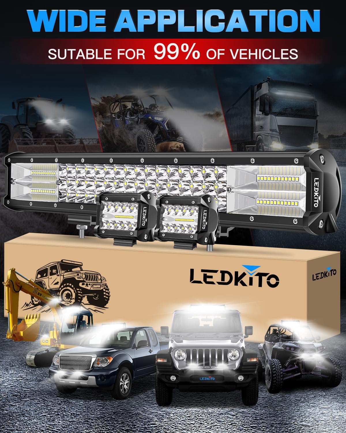 20Inch LED Light Bar and 2PCS 4Inch LED Cube Pod Lights with Switch 3Lead Wiring Harness Kit Triple Row Spot Flood Combo Off Road Lights Bar Pods Kit for Off Road SUV UTV ATV Pickup Truck Boat