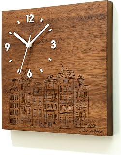 Solid Wood Wall Clock - I love Amsterdam - Wood Laser Engraved - Massive Wood Iroko - African Teak - Contemporary Wall Mounted Clock