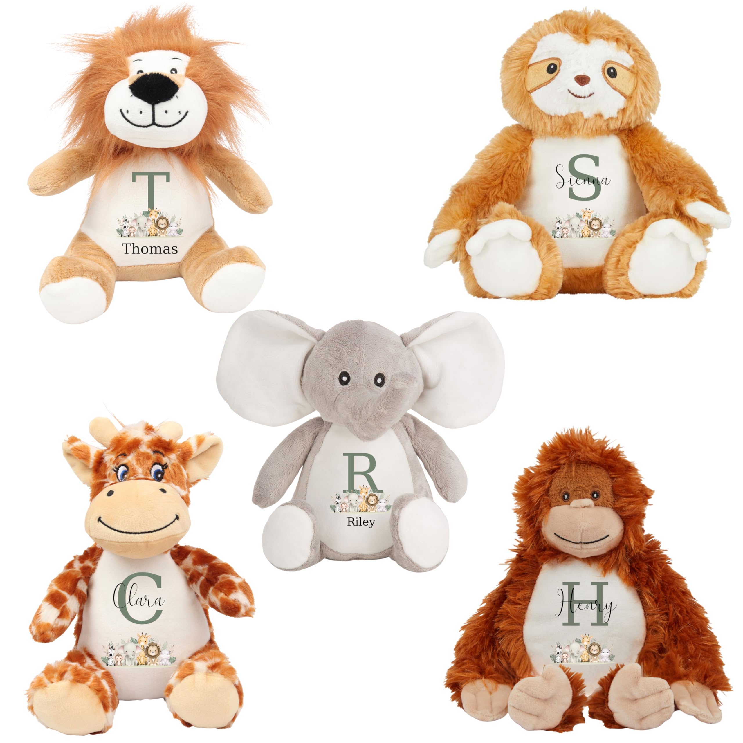 Personalised Jungle Animal with Initial and Name Soft Toy for Baby, Toddler, Child, Kids, Babies Safari Animal Shower Birthday Christening Christmas Birth Memory Keepsake - Grey Elephant Name Through