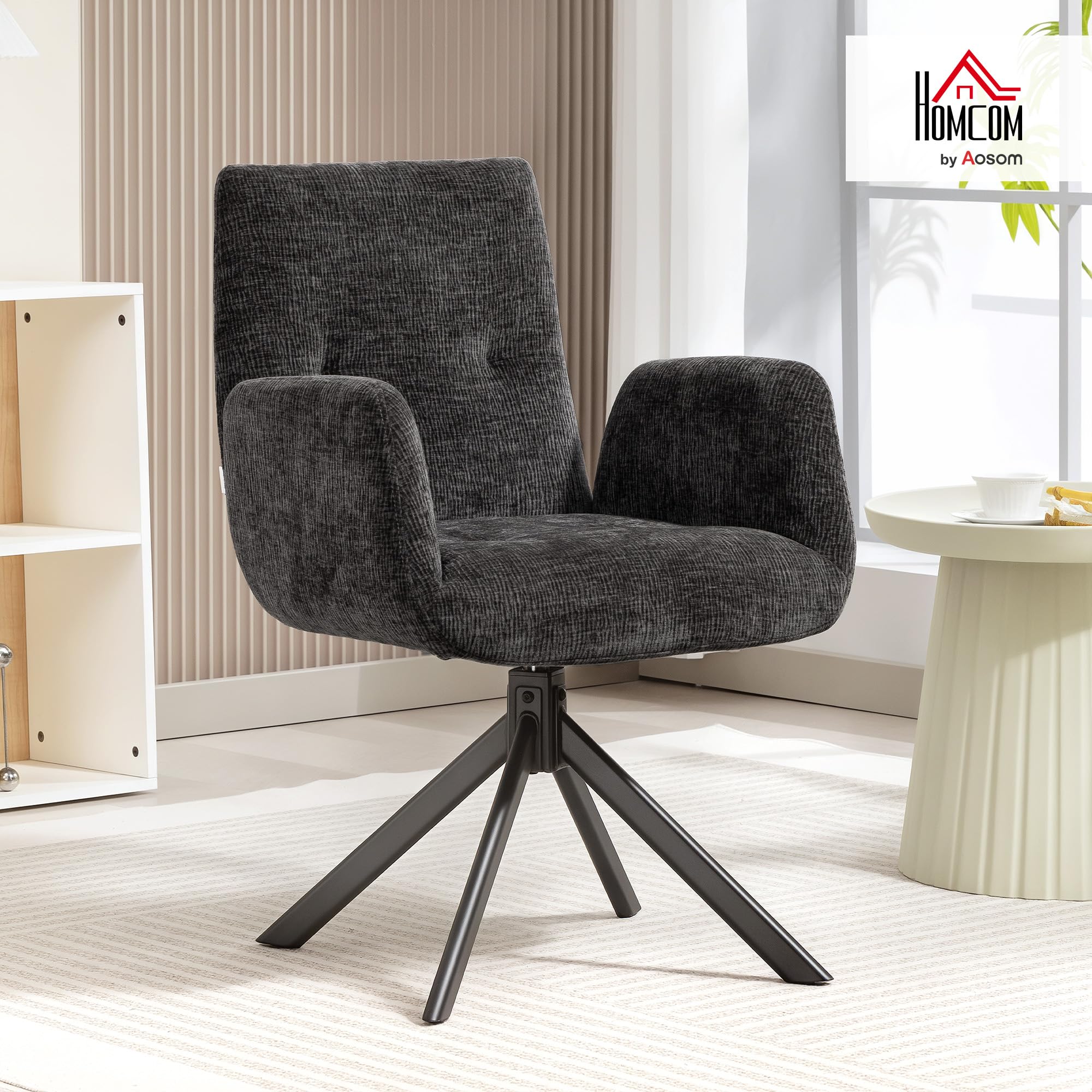 HOMCOM Sessel Drehbar Loungesessel mit Armlehne, Wolle-Leinenoptik, modern Polsterstuhl mit Knopfheftung, Stahlbeine, für Wohnzimmer, Schlafzimmer, Schwarz