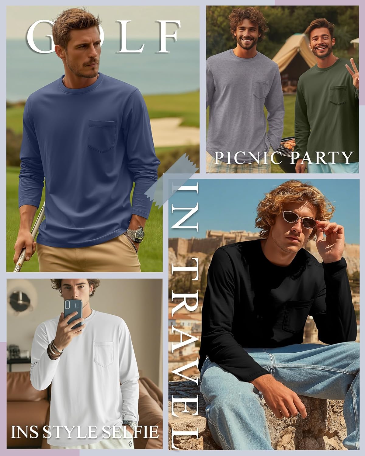 10 Pack Men's Big and Tall Long Sleeve Shirts, Crew Neck Loose Fit Pocket Tops Bulk Casual Basic T Shirts - Image 5