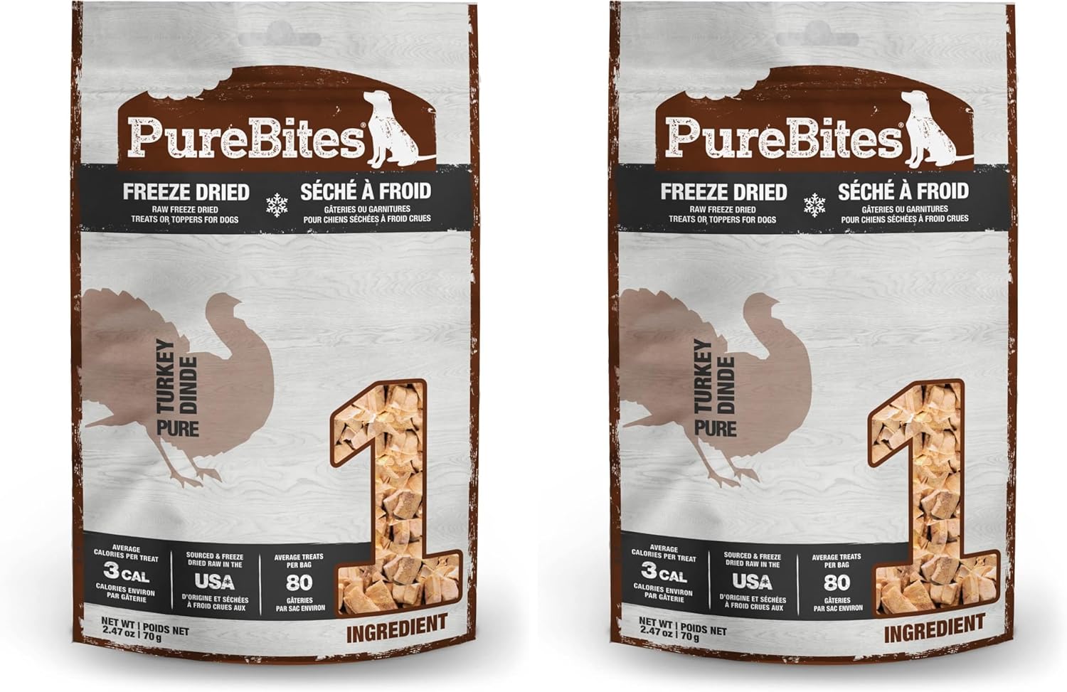 PureBites Turkey Freeze Dried Dog Treats, 1 Ingredient, Made in USA, 2.47oz (Pack of 2)
