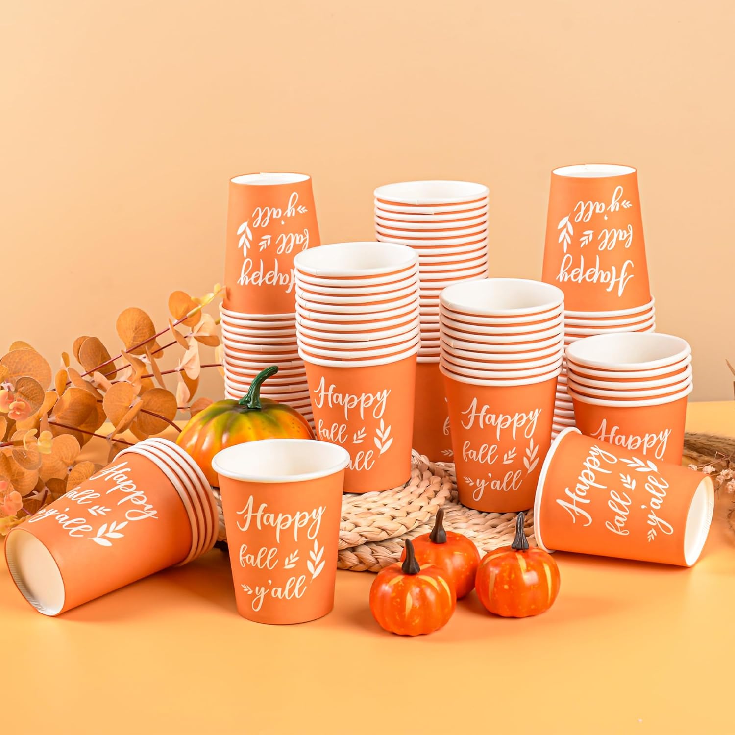 100Pcs Fall Party Cups Happy Fall Y'all Paper Cups 9oz Autumn Coffee Beverage Disposable Drinking Cups Orange Pumpkin Spice Cups for Wedding Birthday Thanksgiving Harvest Party Supplies (Pack of 2)