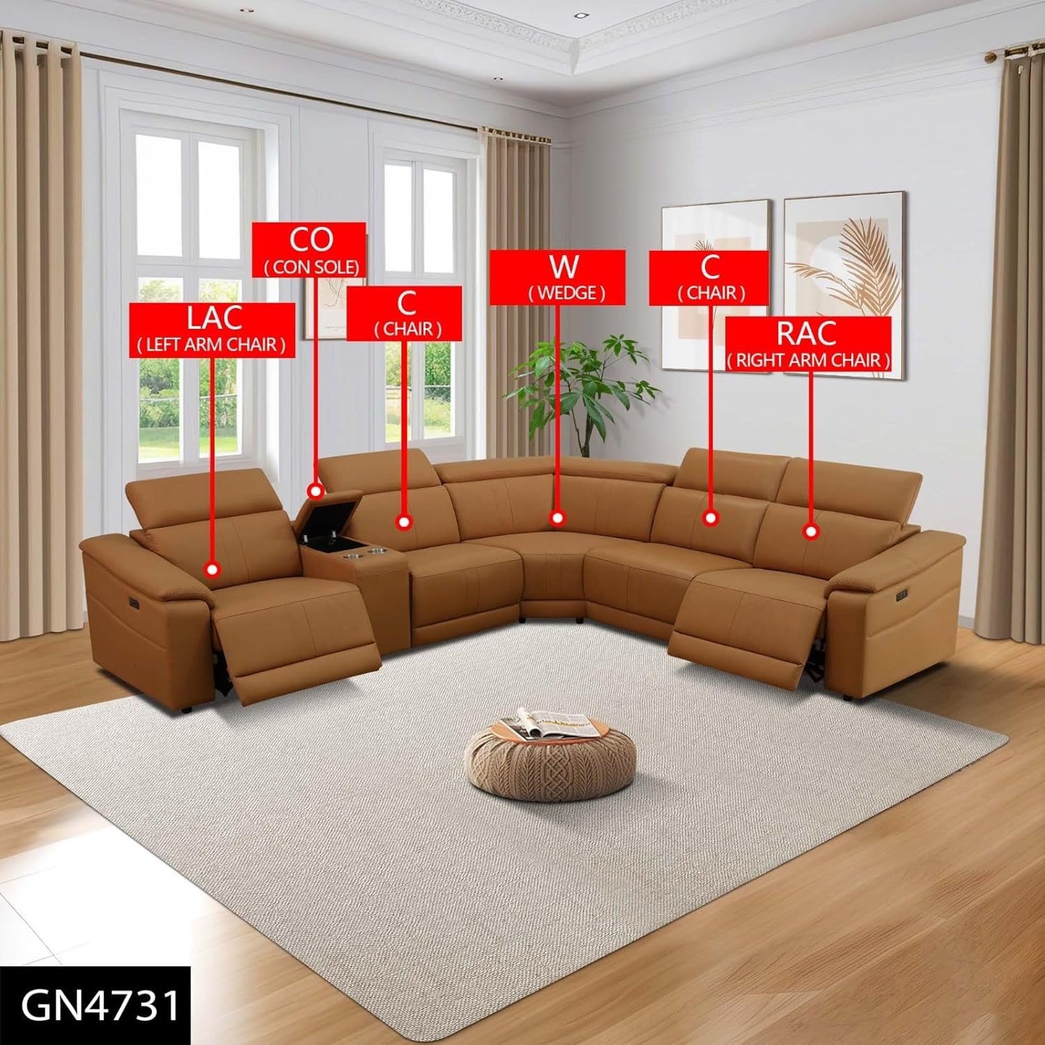 Multi-Functional Recliner Sofa 6-Piece Set Light Brown Top Breathing Leather Living Room