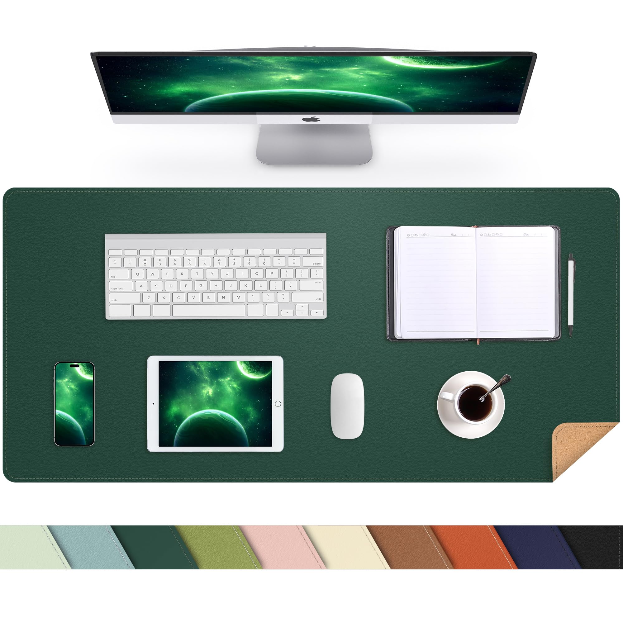 Leather Desk Mat, Large Mouse Mat,PU Leather & Cork Desk Pad, Waterproof Leather Table Protector Writing Pad for Office and Home(90x 43cm,Dark Green) — image 1