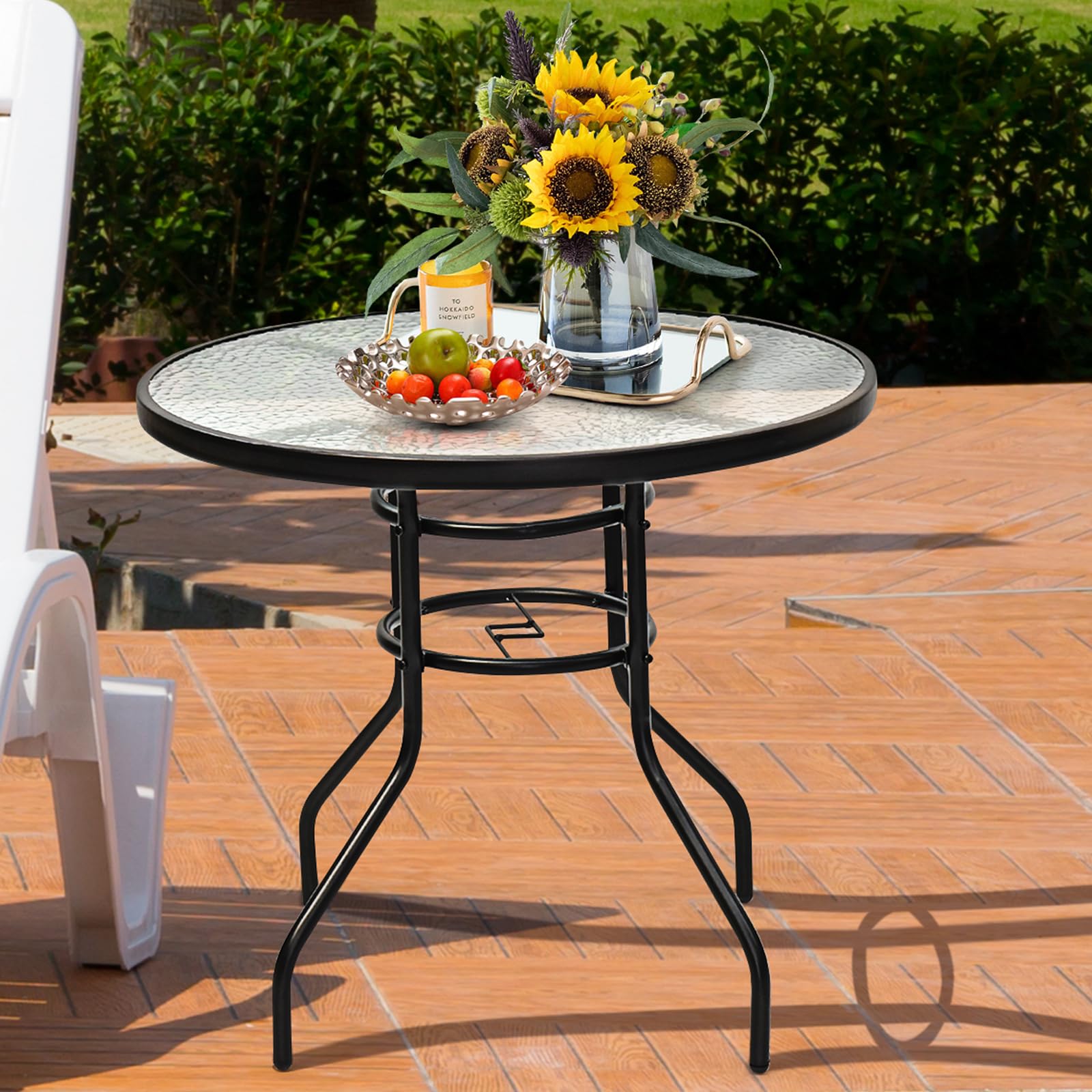 KOMFOTTEU Tuintafel, inklapbaar, bistrotafel met glasplaat en metalen frame, ronde zijtafel, voor balkon, terras (transparant, rond, 46 x 47 cm (H