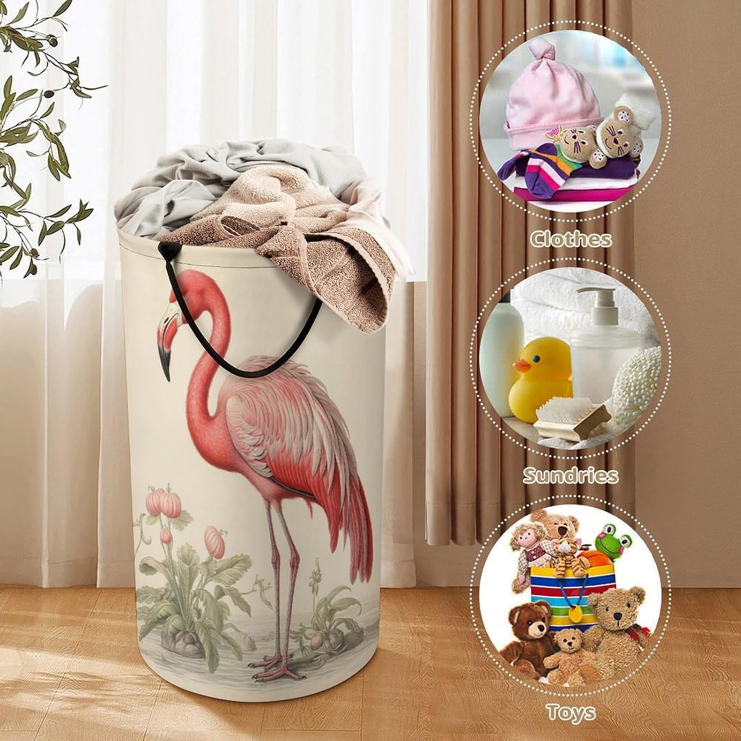 Art Flamingo Laundry Basket Freestanding Laundry Hamper with Handles Waterproof Dirty Clothes Hamper Collapsible Washing Bin Aesthetic Clothes Basket for Bathroom Bedroom Dorm