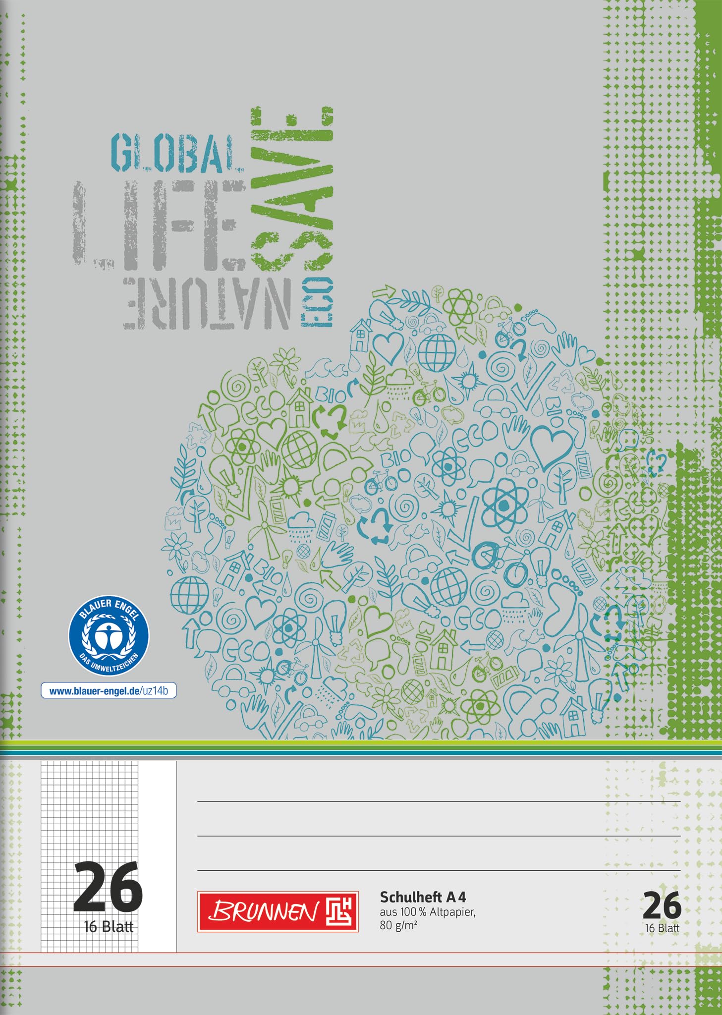 BRUNNEN Recycled Exercise Book, A4, ruling 26, 16 Sheets, Green/Grey