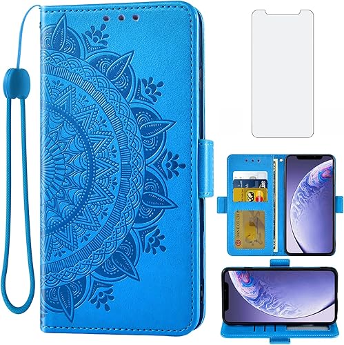 Asuwish Compatible con iPhone 11 6.1 Funda tipo cartera de vidrio templado, protector de pantalla con tarjetero y correa de muñeca con soporte para