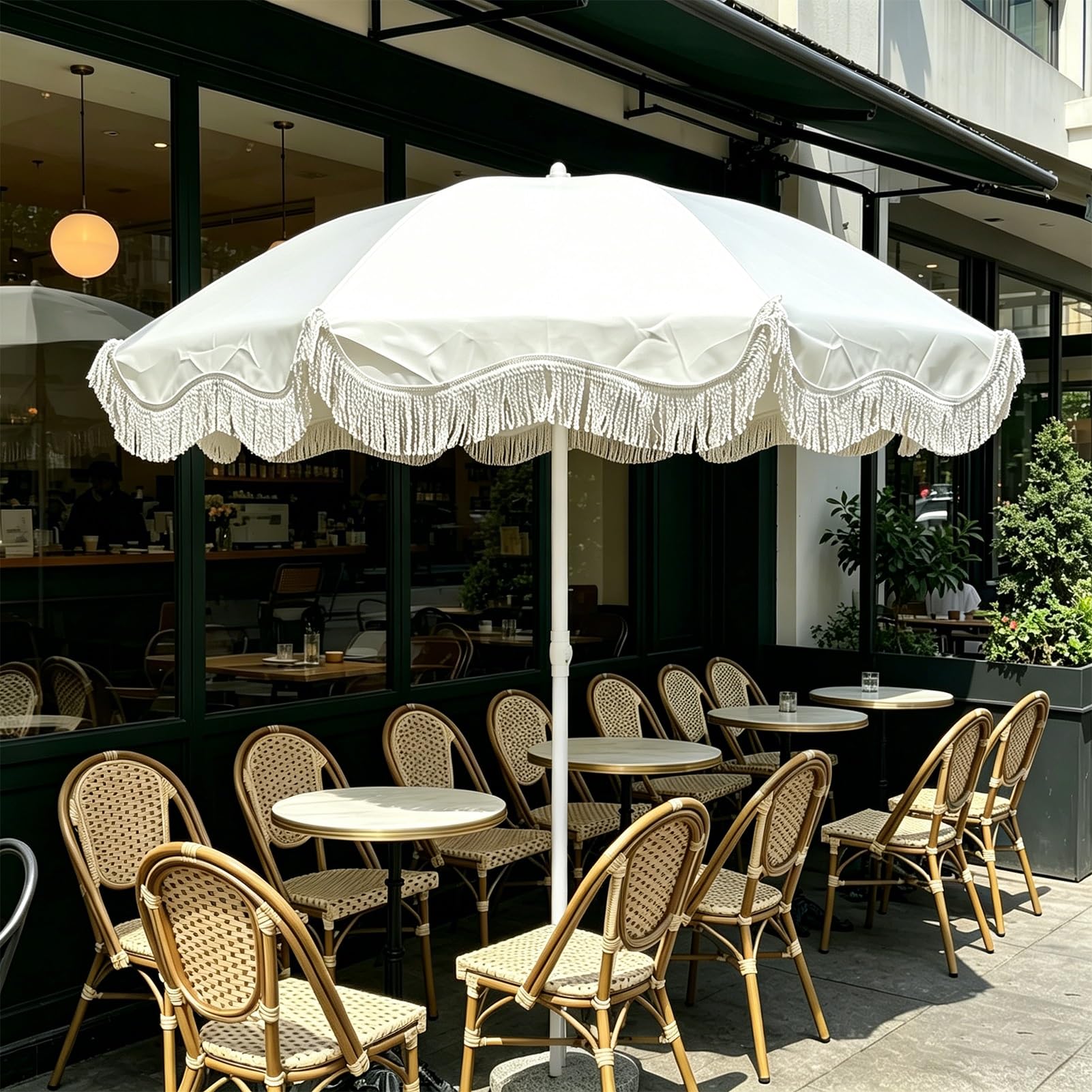 Biały Boho Parasol Ogrodowy 200 cm z Frędzlami, z Ochroną Przed Promieniowaniem UV, na Tarasie, Basenie