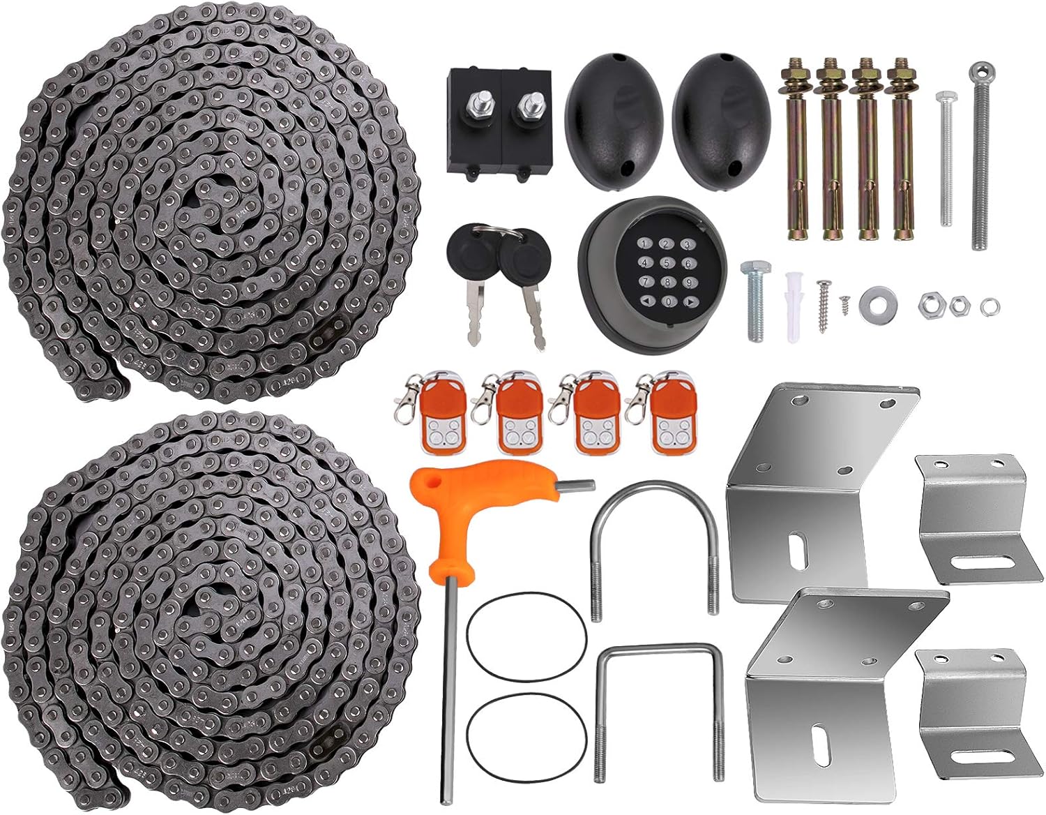All components included with the VEVOR automatic sliding gate opener: motor unit, chains, remote controls, keys, sensors, and mounting hardware.