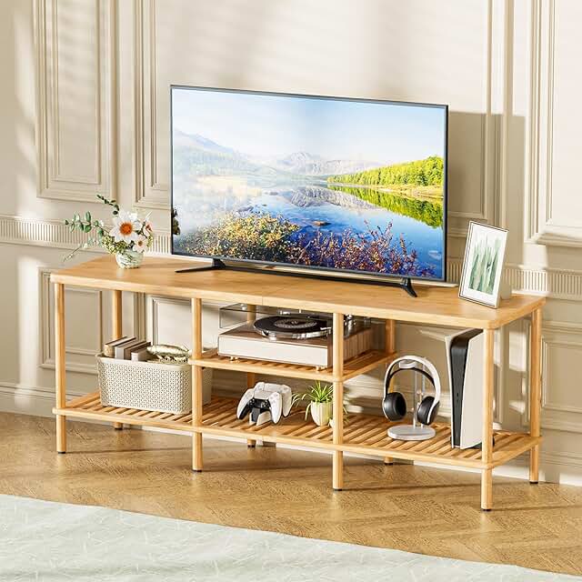 Amazer Bamboo TV Stand for 60 65 Inch TV, Entertainment Center with 3 Ti...