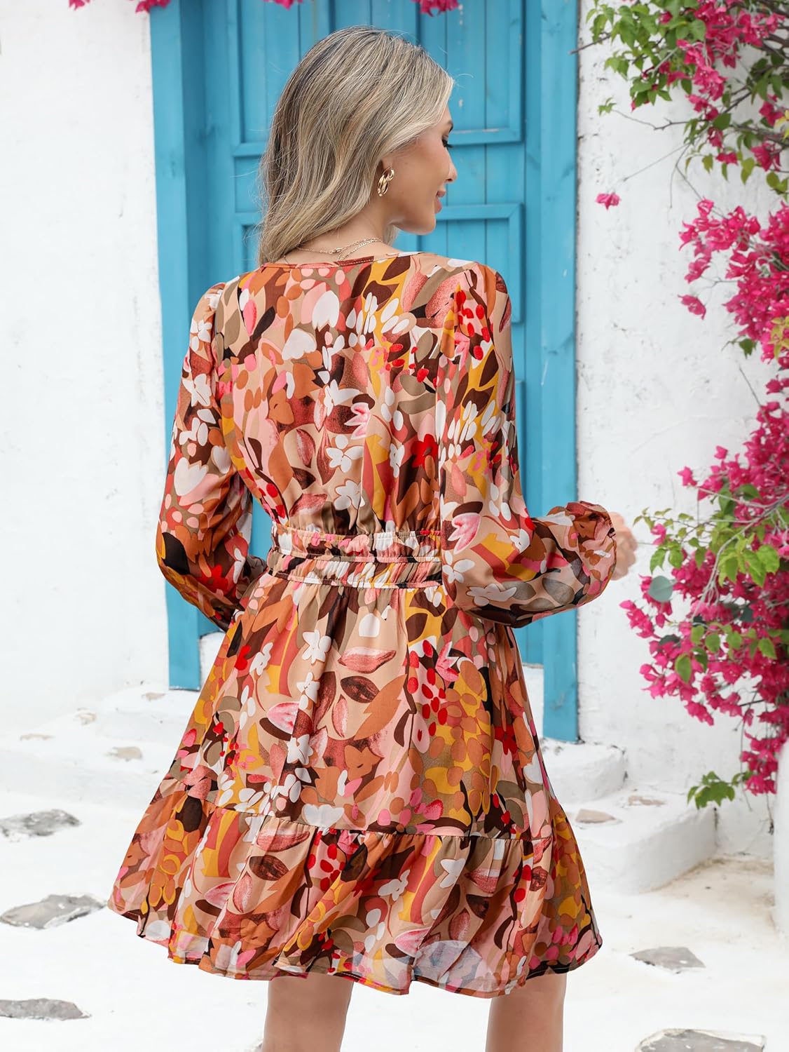 Simplee Womens Spring Floral Mini Dress Long Sleeve Boho Chiffon Short Dress Casual Flowy Fall Wedding Guest Dresses - Image 5