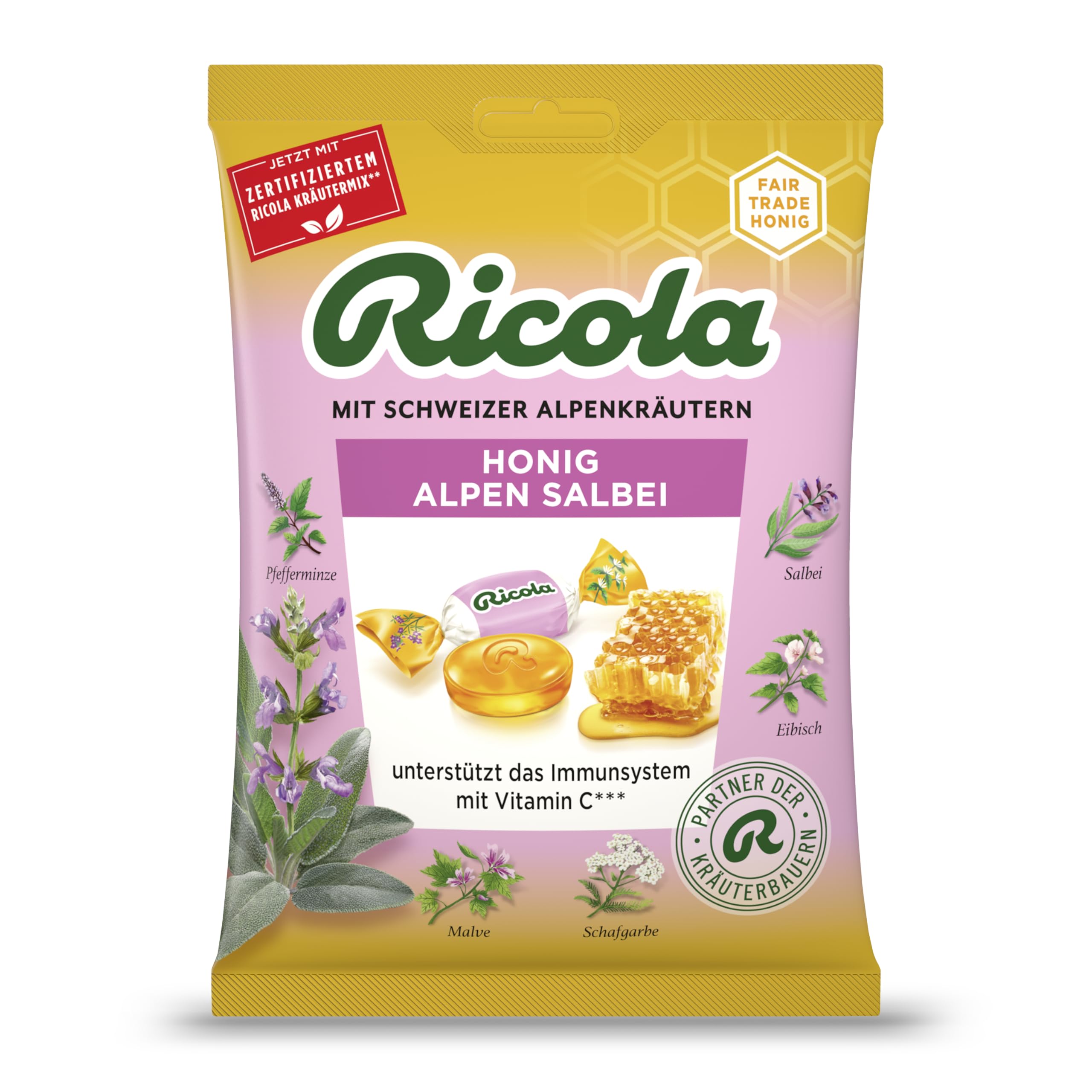 Ricola Honig Alpen Salbei, 75g Beutel Original Schweizer Kräuter-Bonbons mit 13 Alpenkräutern, wohltuendem Honig, Salbei & Vitamin C, 1 x 75g