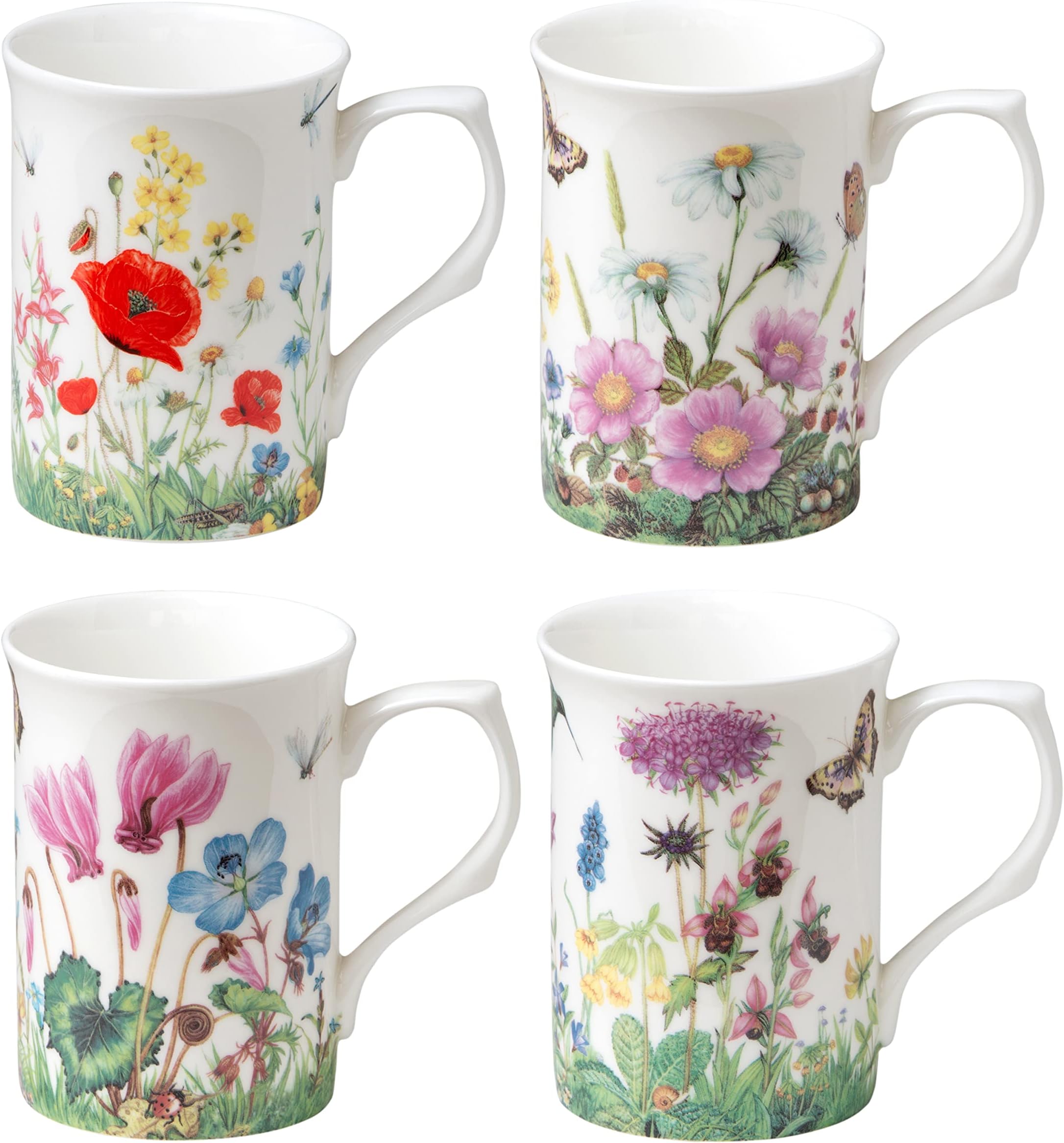 Bone China Coffee Tea Mugs 9-Ounce, Assorted Set of 4 (Meadow)