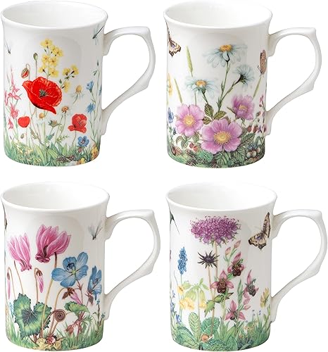 Tazas de té de café de porcelana de hueso, 9 onzas, juego surtido de 4 (prado)