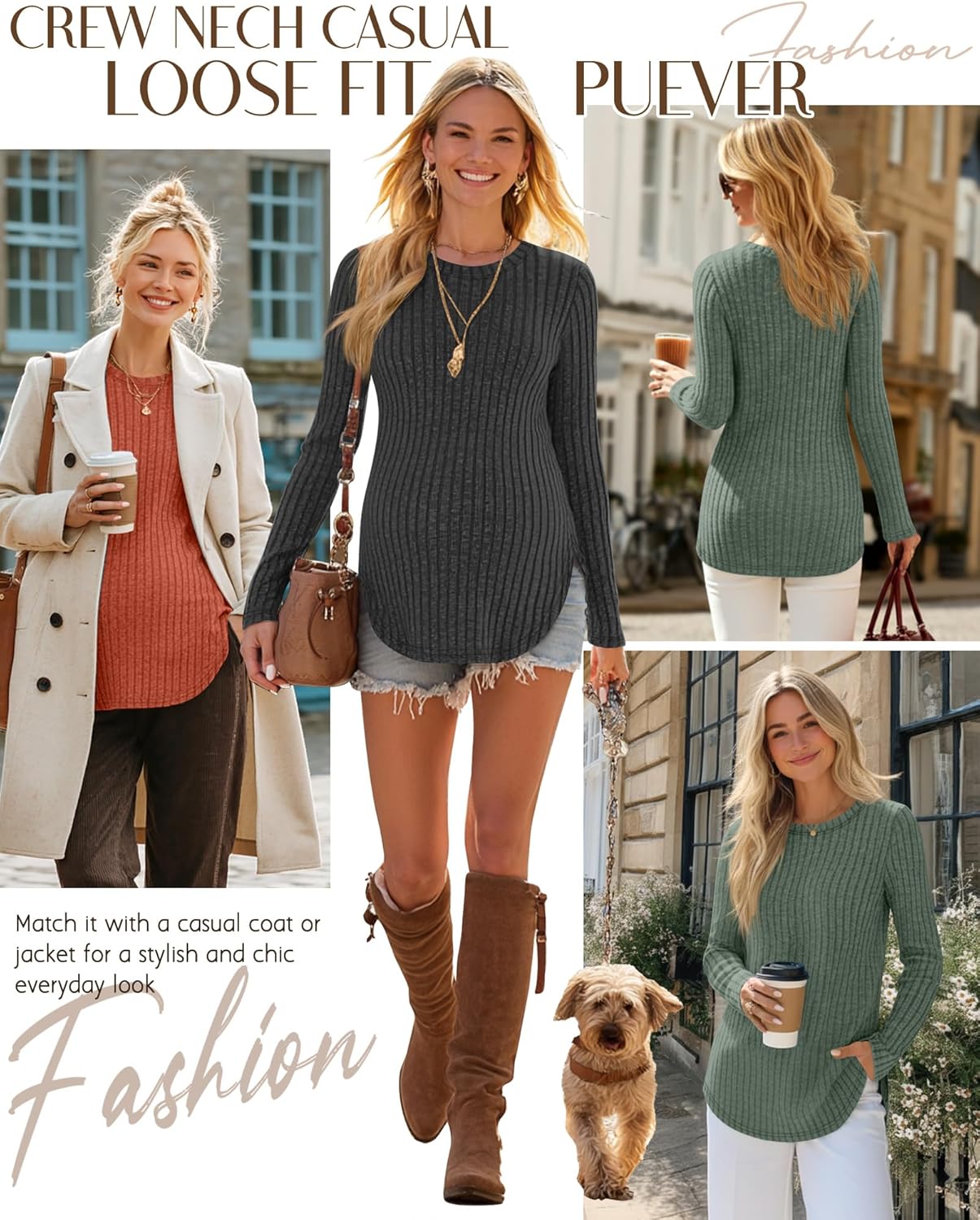 3 Pack Women's Maternity Shirts, Ribbed Long Sleeve Pregnancy Sweaters Curved Hem Split Side Crew Neck Tunic Tops - Image 4