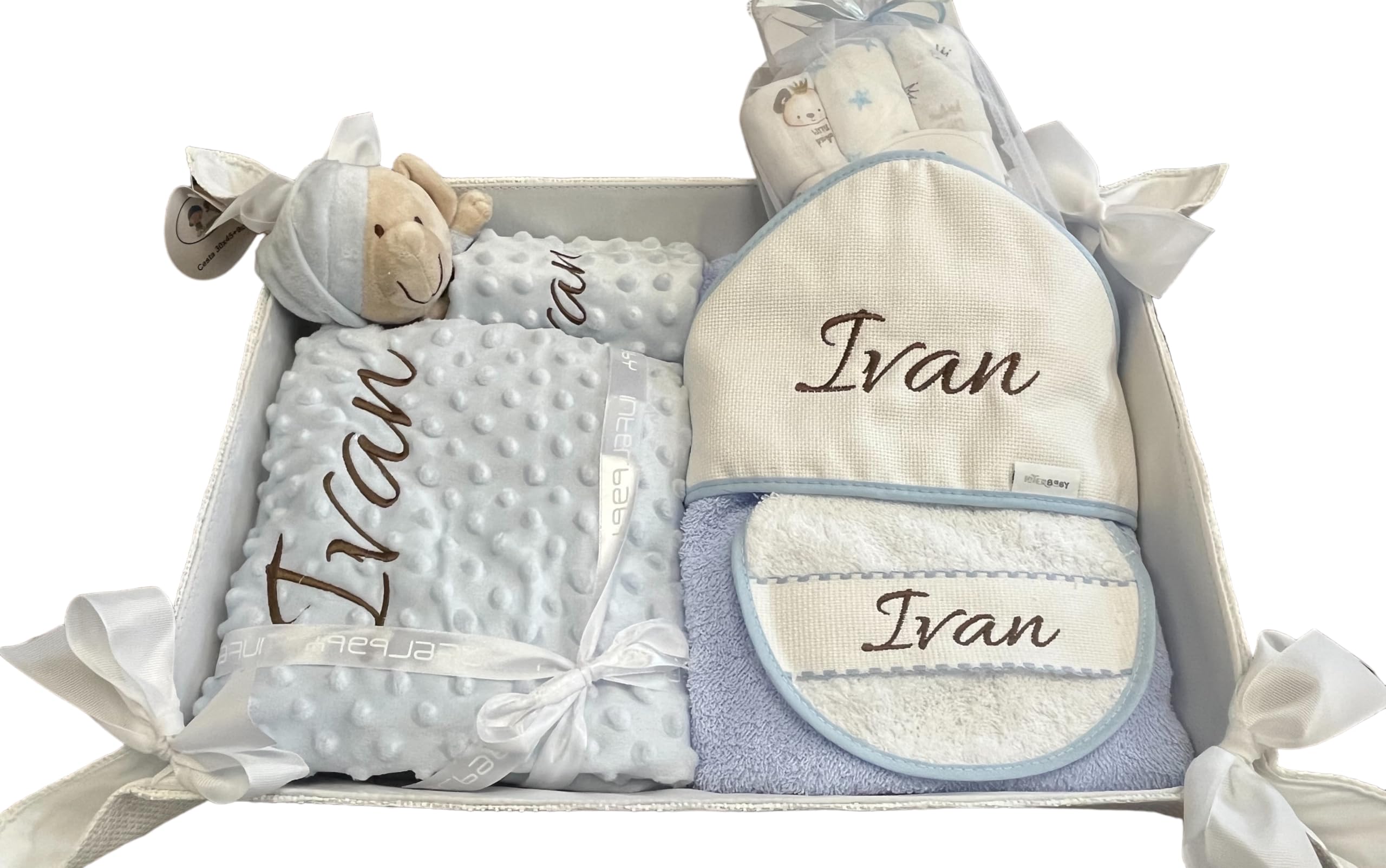 Danielstore - Canastilla Bebé Personalizada | Manta y Dou Dou con Nombre | Toalla de Baño y Babero Bordados | Pack 3 Gasas | Cesta para Recién Nacidos
