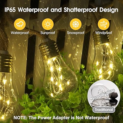 Miniatura 3 de Tira de luces para exteriores, luces de patio de 32.8 pies con 20 bombillas inastillables, cuerda de cáñamo vintage, 8 modos de enchufe y control