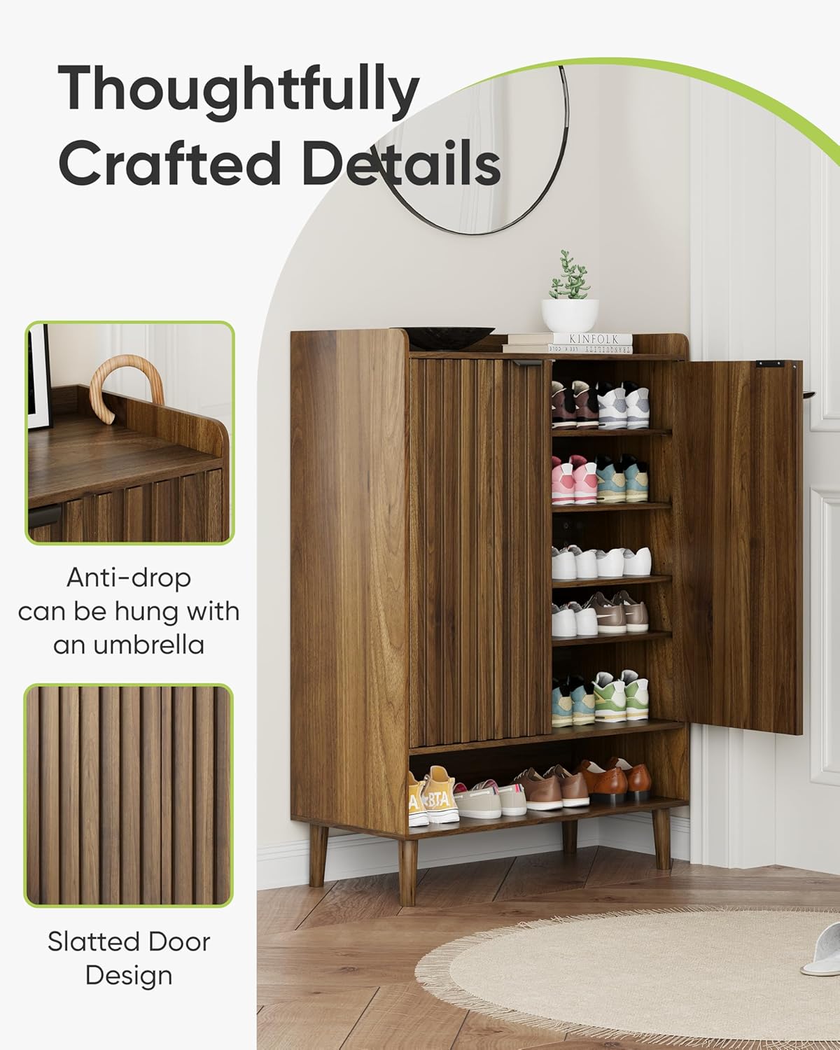 Smart FENDEE shoe cabinet with doors open, showing interior storage and slatted door design.