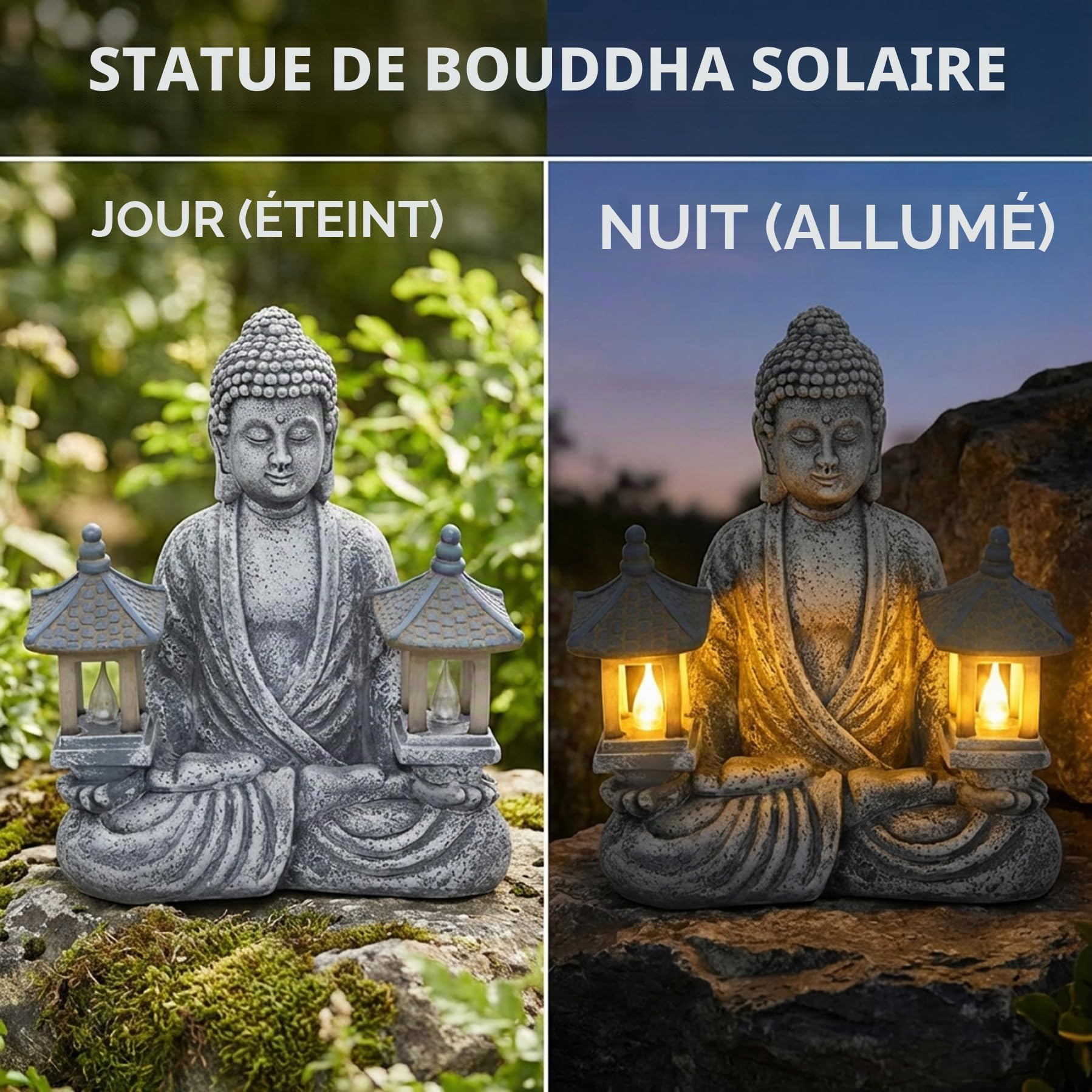 Statue de Bouddha d'extérieur, décoration de Bouddha Solaire avec phares LED, Statue Jardin en résine étanche pour Jardin, Maison, Patio, pelouse 20, 3 x 11, 4 x 23, 1 cm