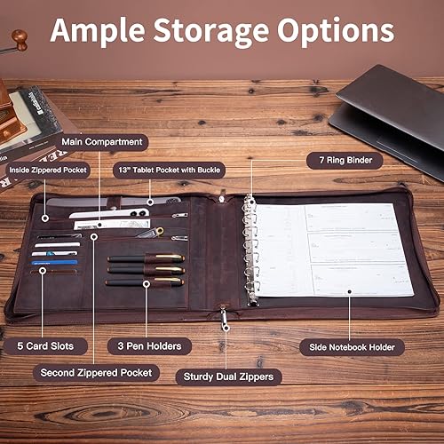 Miniatura 6 de Geslun Carpeta de 7 anillos de piel auténtica, soporte para cuaderno de cheques de negocios, 3 en una página para 600 cheques (9 x 13 pulgadas),