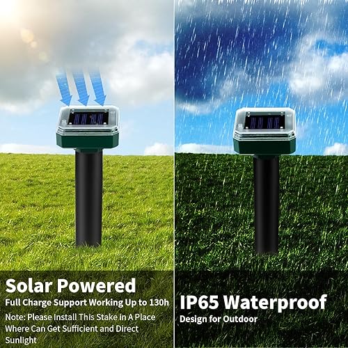 Miniatura 4 de Repelente solar de topos, repelente de serpientes, paquete de 4 picos de control ultrasónico para exteriores, dispositivo sónico impermeable,