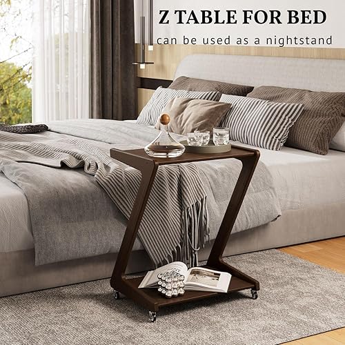 Miniatura 3 de ZIYOO Mesa auxiliar en forma de Z con ruedas, mesa auxiliar de bambú que se desliza debajo del sofácama, mesa móvil de aperitivos para sala de