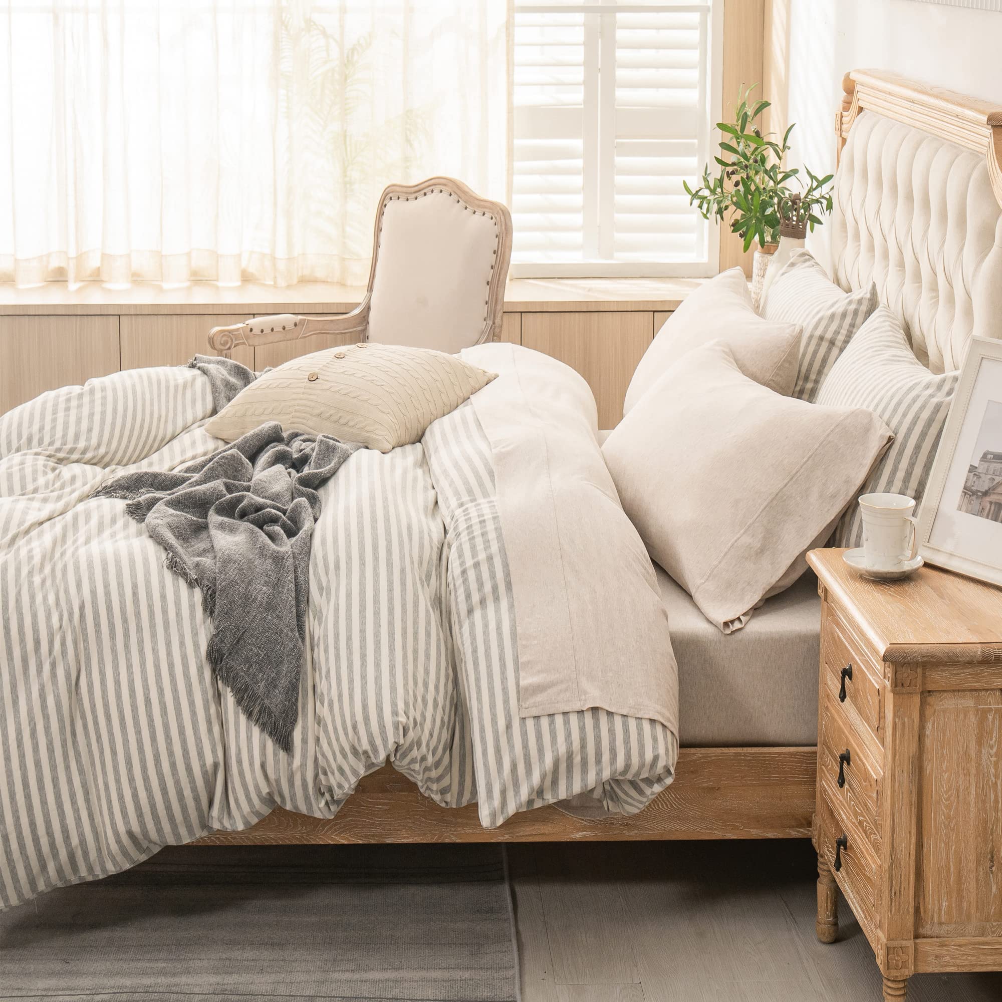 PURE ERA Jersey Knit 4pc Bed Sheet Set 100% T-Shirt Heather Cotton Super Soft Comfy Breathable Fits Mattress Up to 20" Extra Deep Pocket (Heather Beige - Image 3