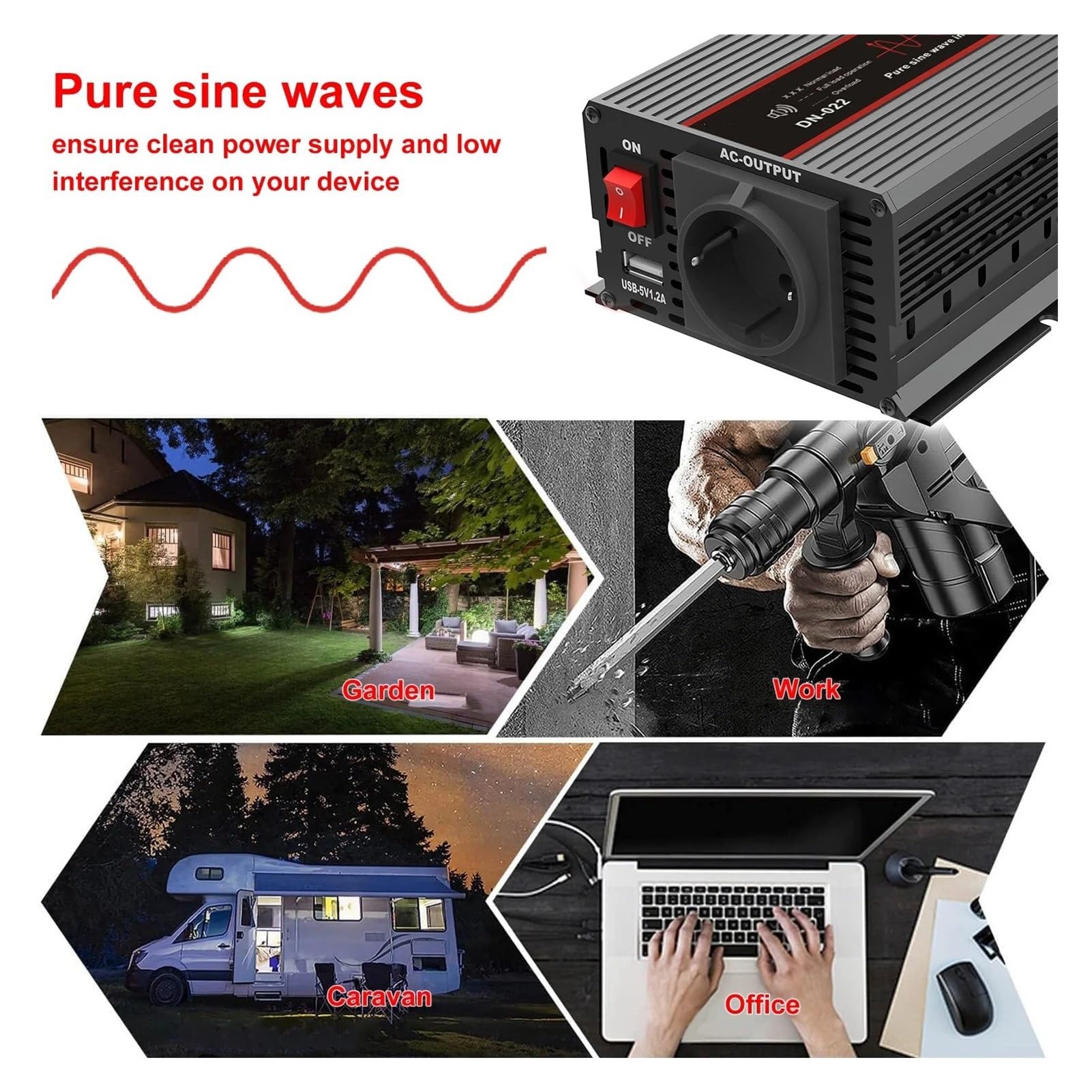 Power Inverter Inversor Potencia Onda Sinusoidal Pura 12 V A 220 V Potencia Continua De 1500 W con Enchufe USB De 5 V Y 2,1 A Inversor(12V 220V 1000W EU B)
