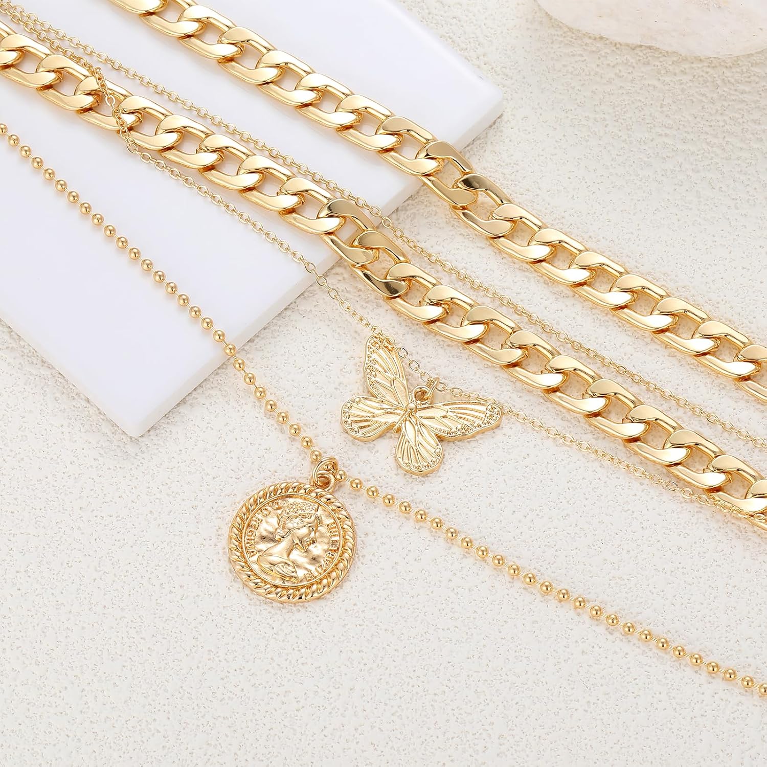 MJartoria ゴールドレイヤードネックレス レディース トレンディレトロコインペンダントネックレス 華奢なチャンキーチェーンチ