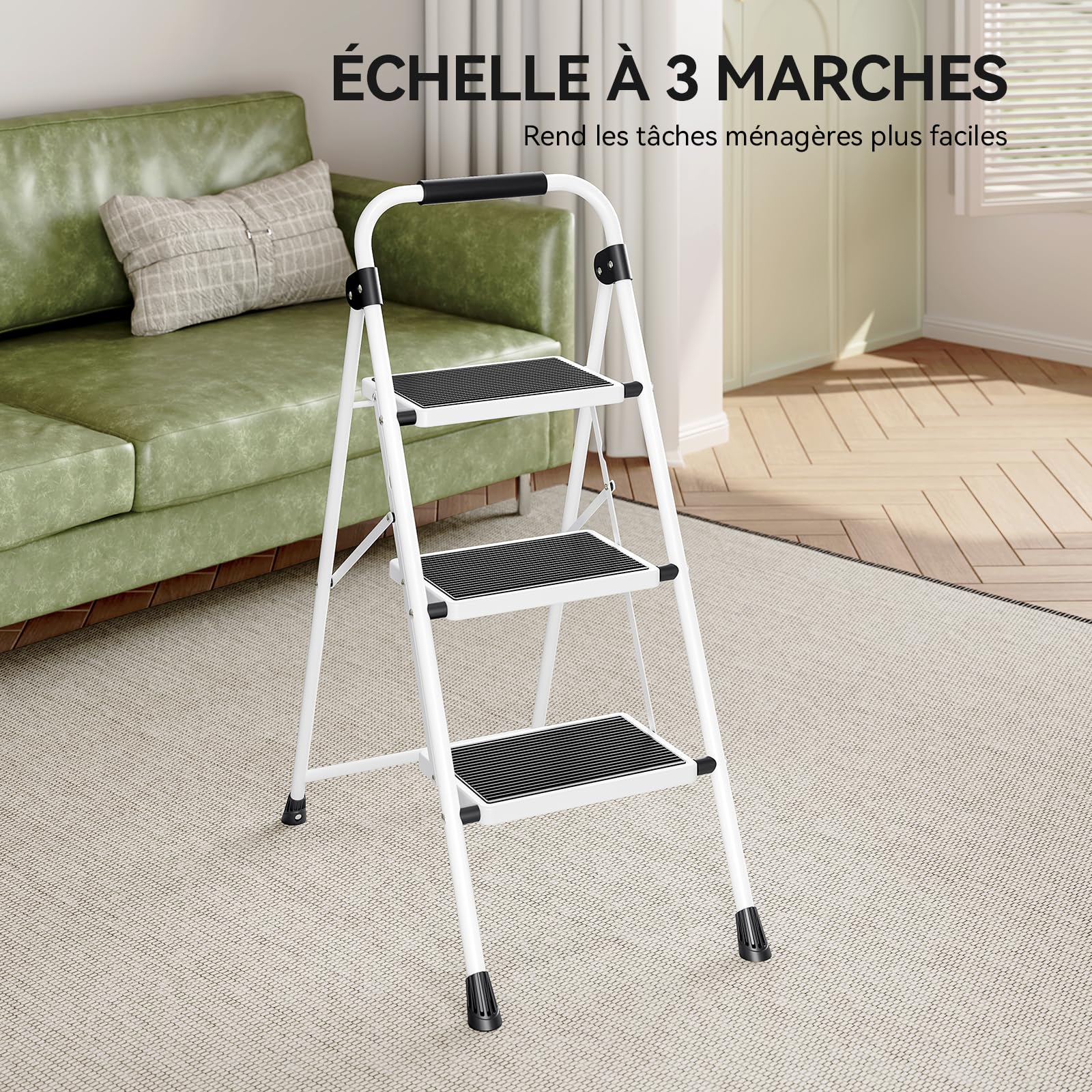 KINGRACK Escabeau 3 Marches, Escabeaux Pliant avec Marchepied Antidérapant et Large, Petit Marche Pied avec Poignée, Escabeaux en Acier Robuste, Léger et Portable, Blanc
