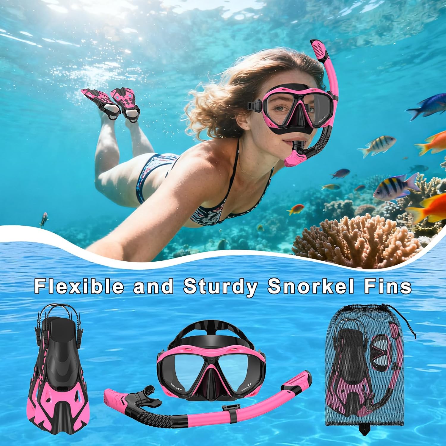 Snorkeling Gear for Adults, Mask Fin Snorkel Set, Dry Top Snorkel Mask, Panoramic View Anti-Leak Anti-Fog 3 in 1 Snorkeling Kit Travel Diving Package with Storage Bag - Image 6