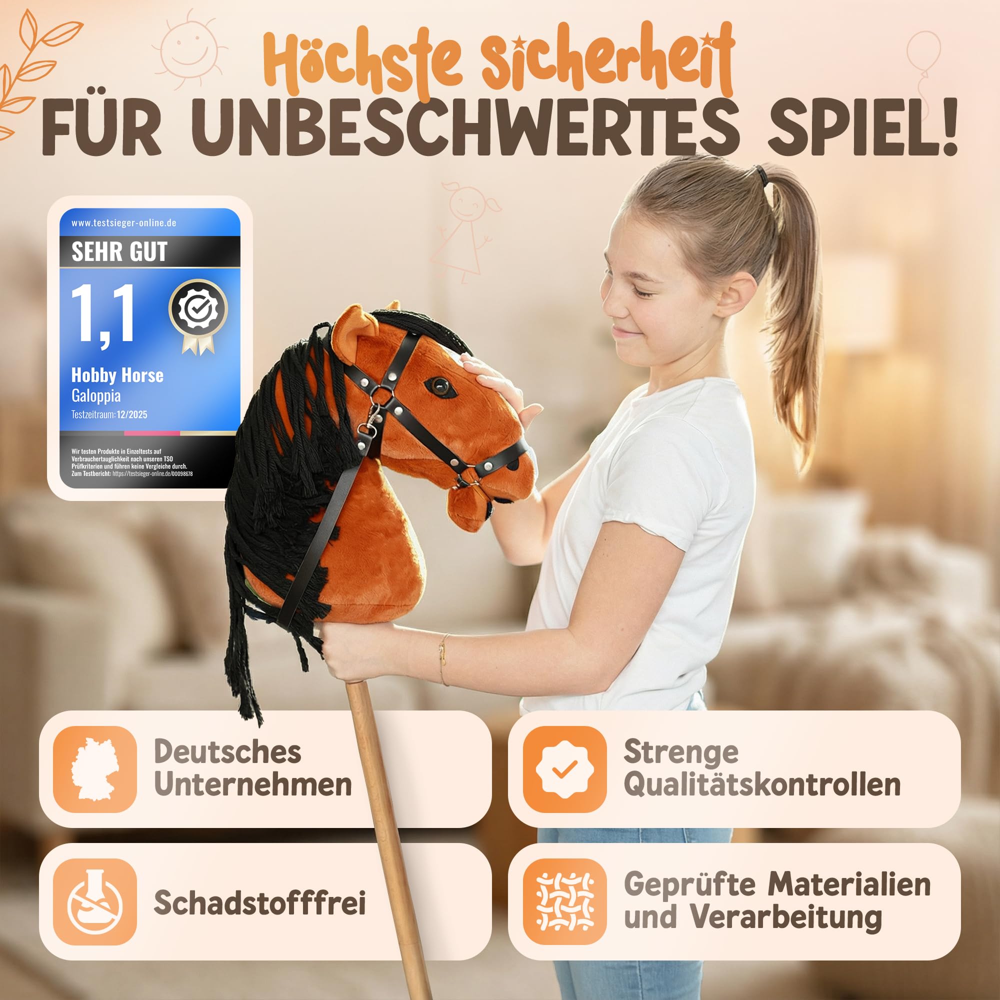 Hobby Horse mit anpassbaren Holzstangen, Steckenpferd Braun, Hobby Horse Pferde für Reitspass, Steckenpferde Kinder, Stockpferd, Stockpferd für Kinder,