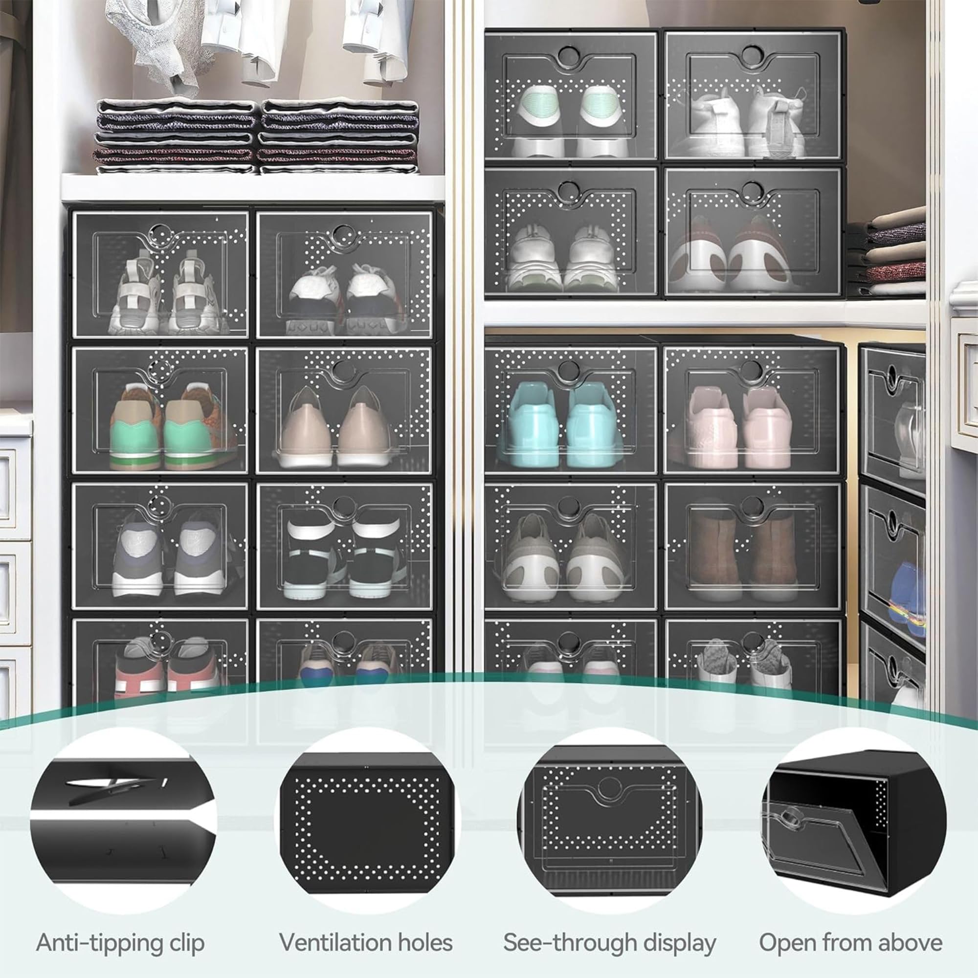 12-Pack Black Stackable Shoe Organizer Boxes – Plastic, Space Saving, Ventilated, Made In USA