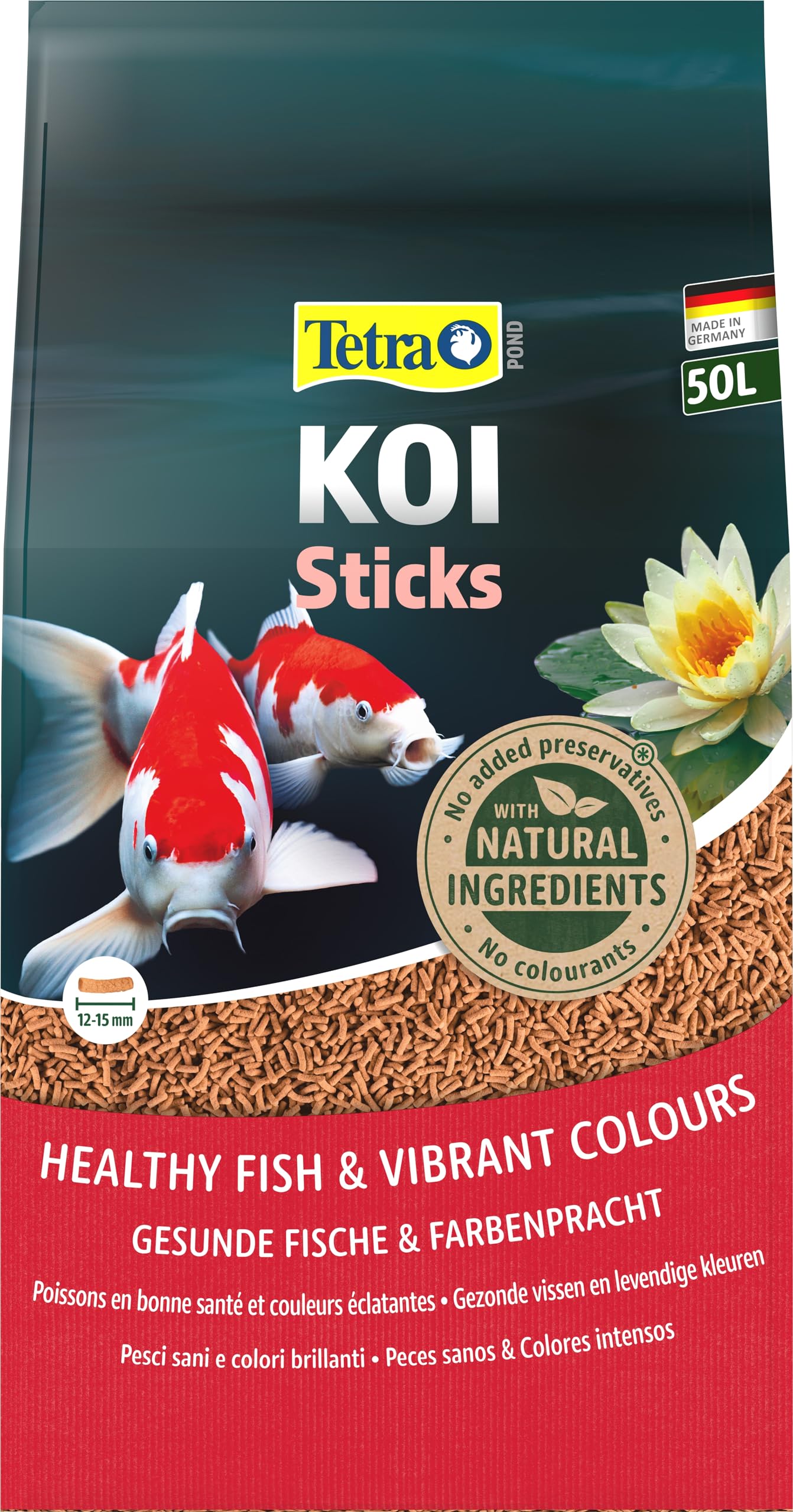 Tetra Pond Koi Sticks, Alimento para todos los peces Koi, para peces sanos, colores intensos y agua transparente, bolsa de 50 L
