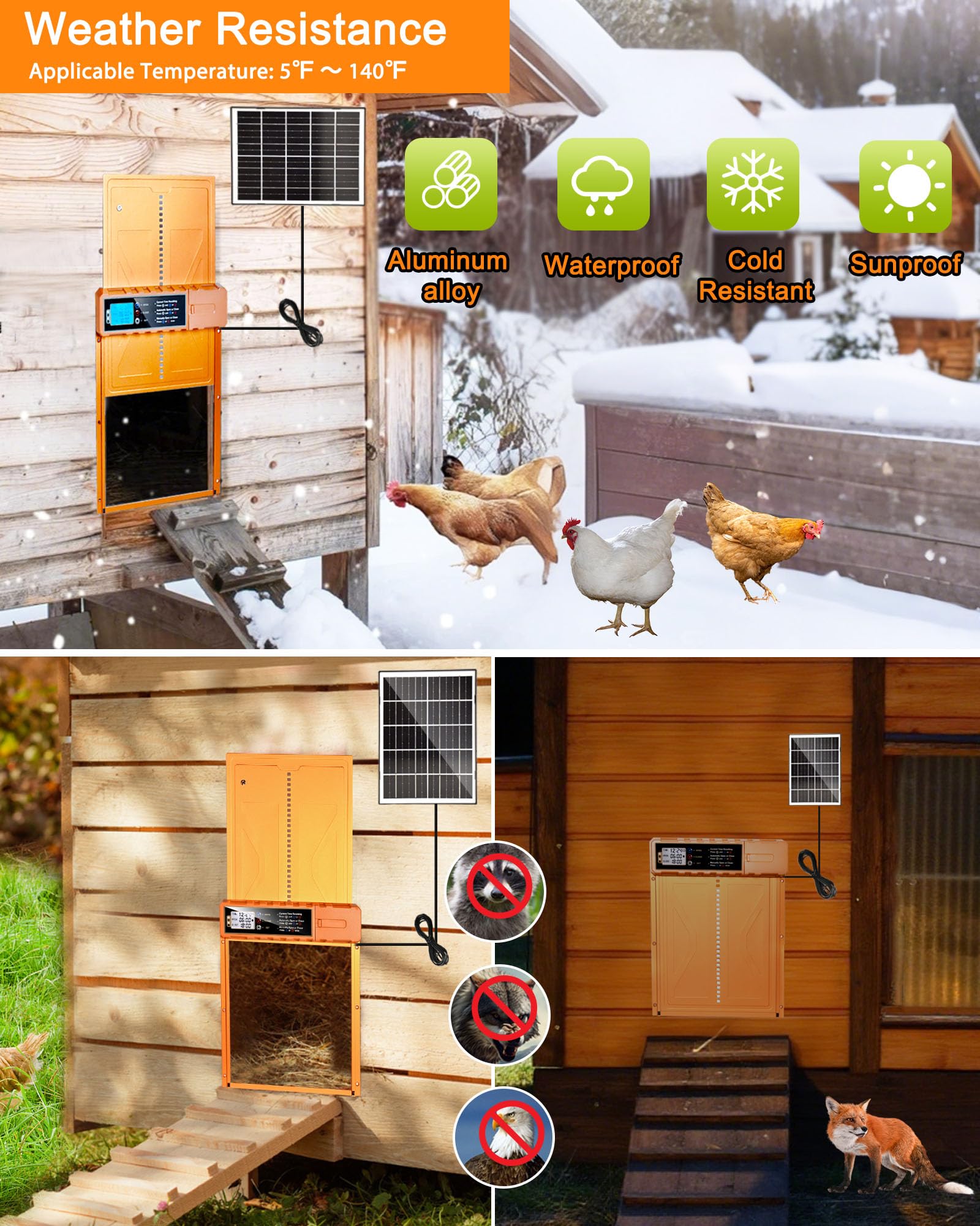 Porta automatica per pollaio con alimentazione solare, porta automatica per pollo con grandi dimensioni 10,8 "x 14,2", design anti-pizzico, lega di alluminio e resistente alle intemperie, per pollo da
